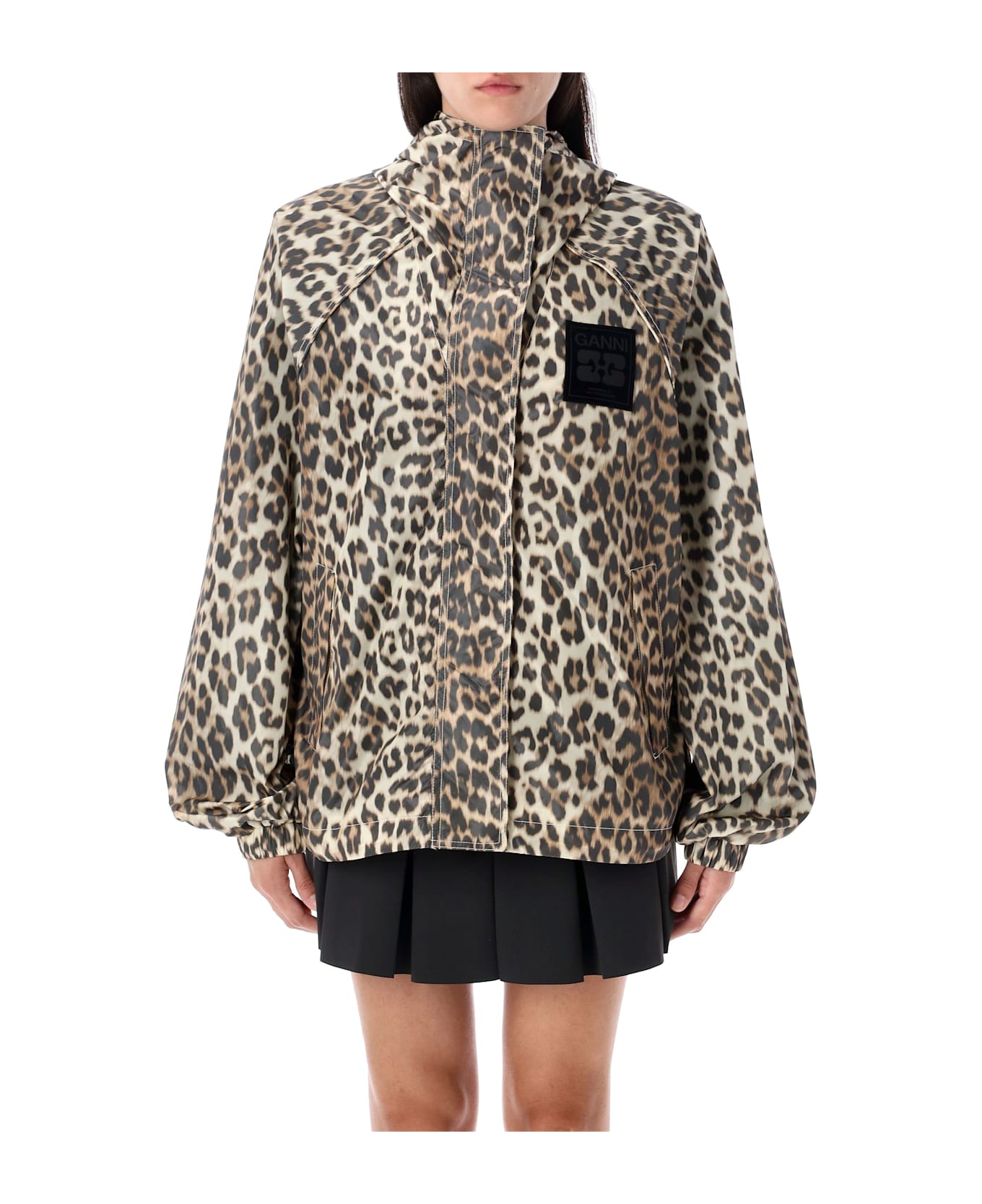 Ganni Leopard Print Nylon Jacket - ALMOND MILK LEO