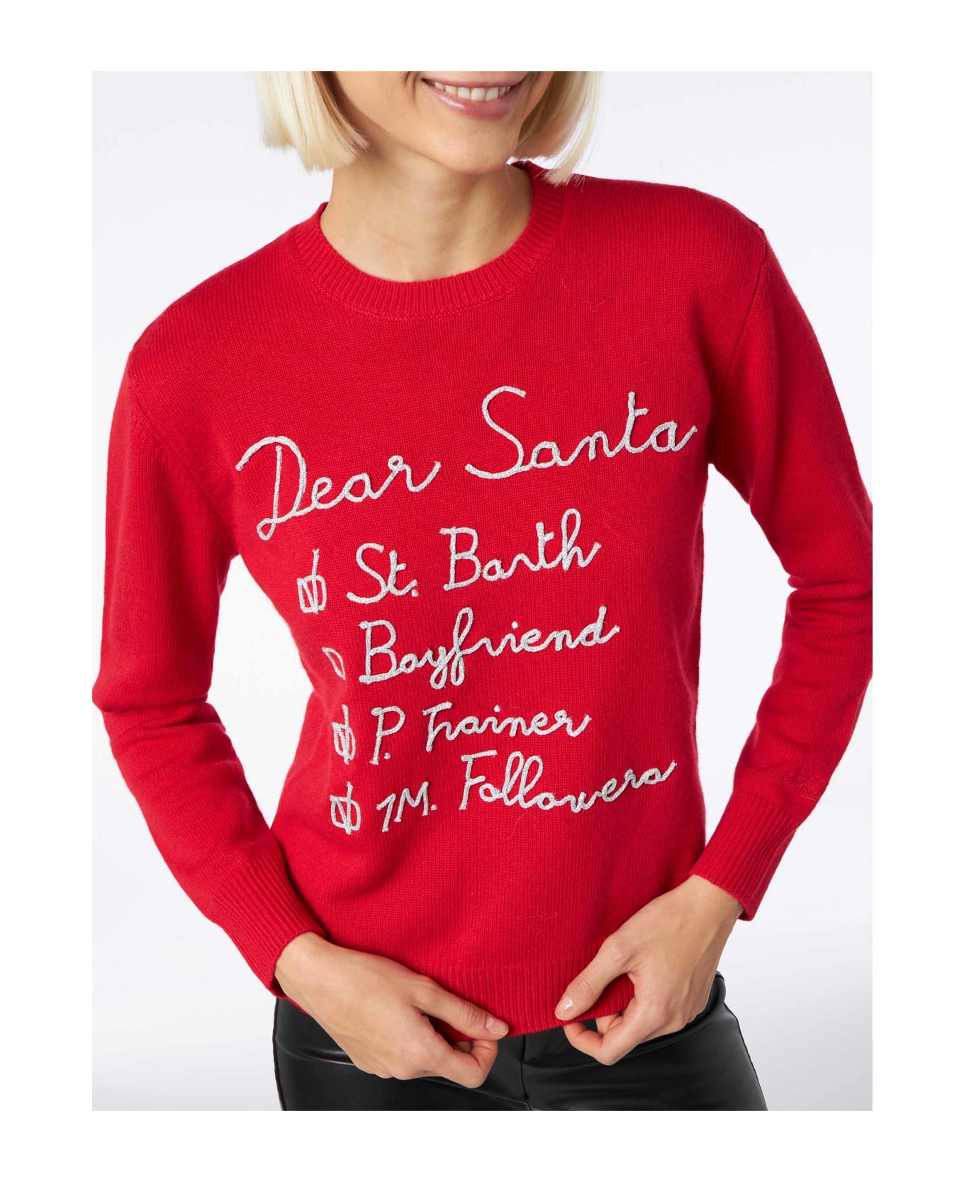 MC2 Saint Barth Woman Brushed Sweater With Dear Santa List Embroidery - RED