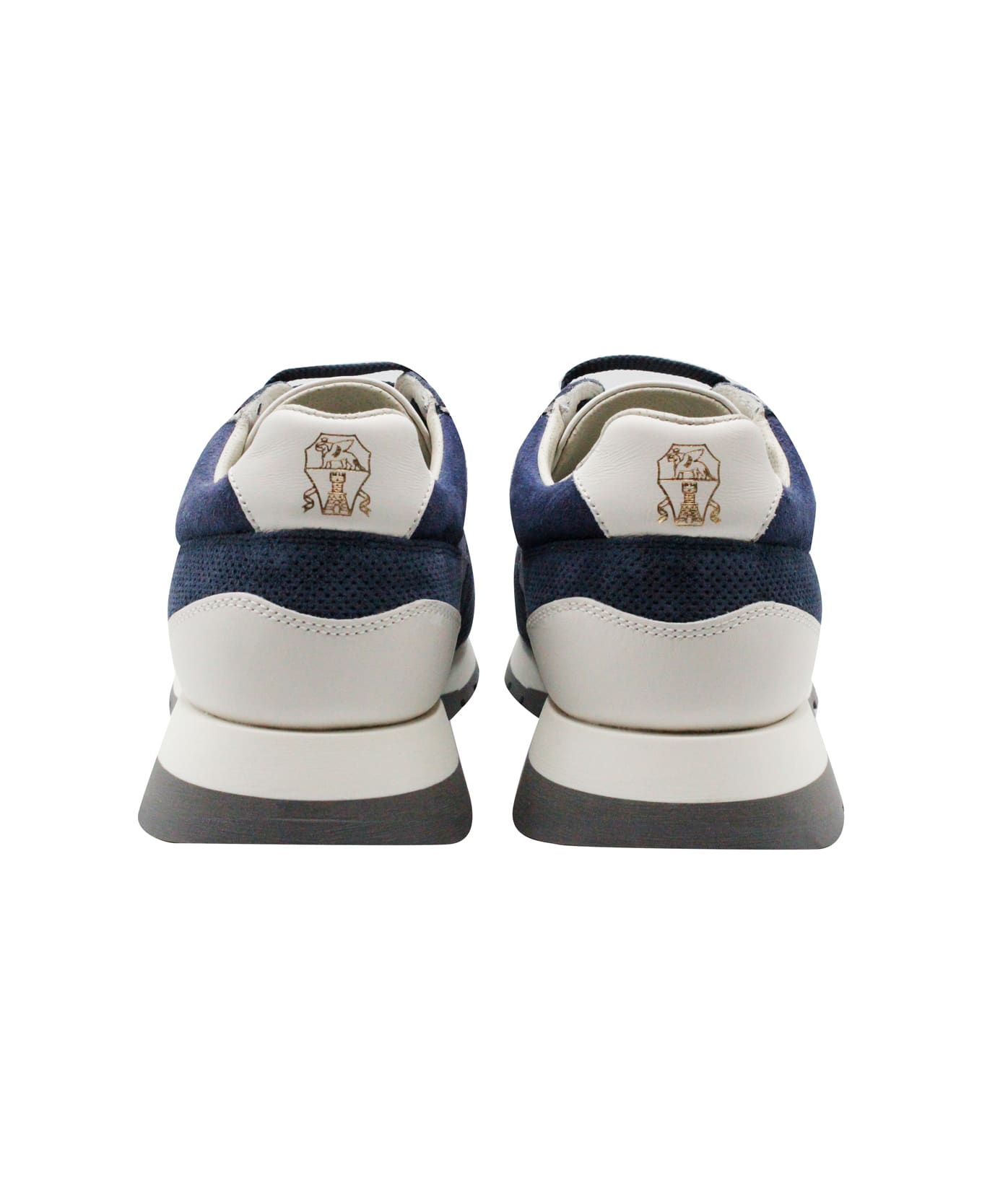 Brunello Cucinelli Runner Sneaker In Leather And Washed Punched Suede With Laces And Light Sole - Blu