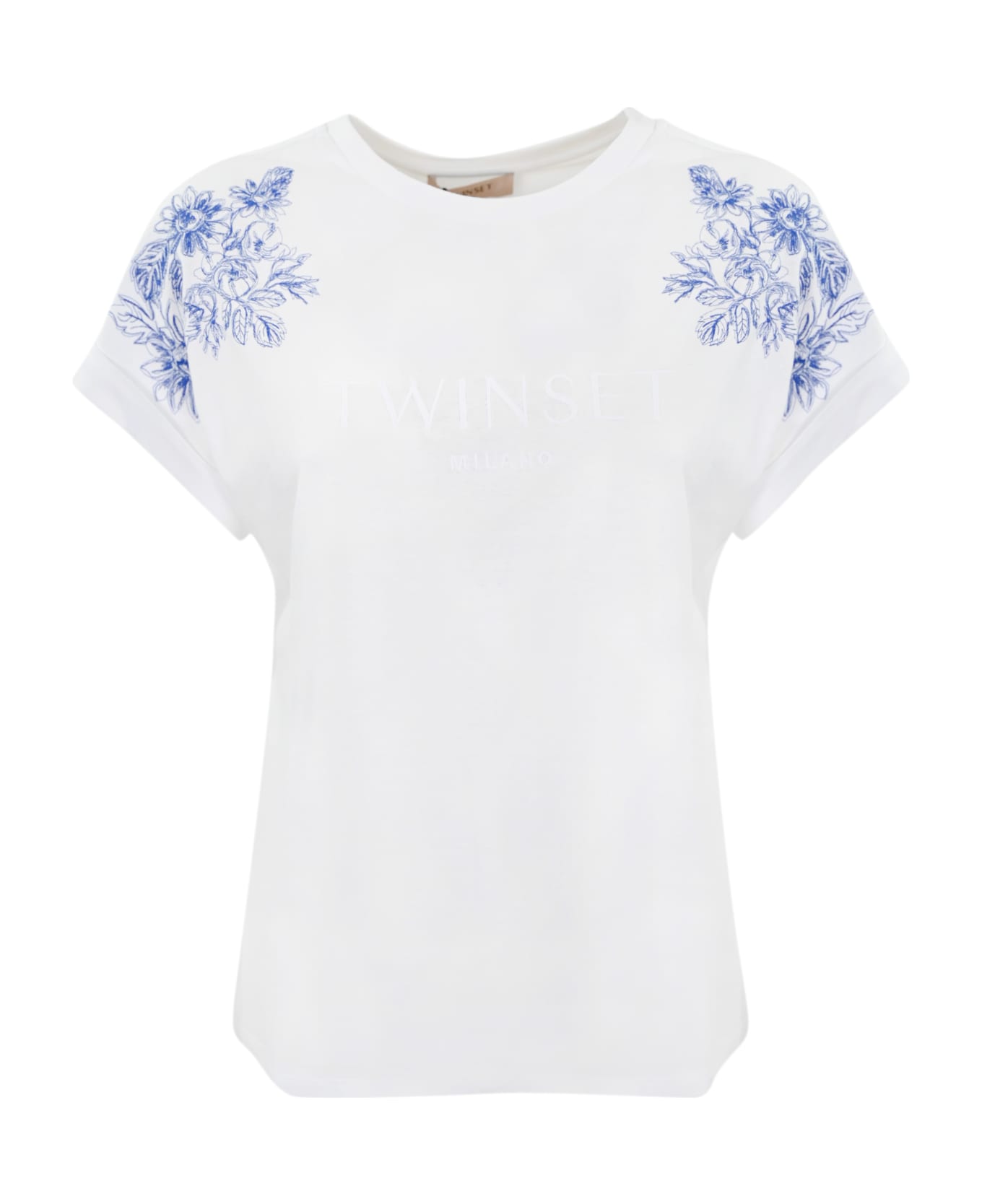 TwinSet T-shirt With Floral Embroidery - Ric.fiore blu/bianco