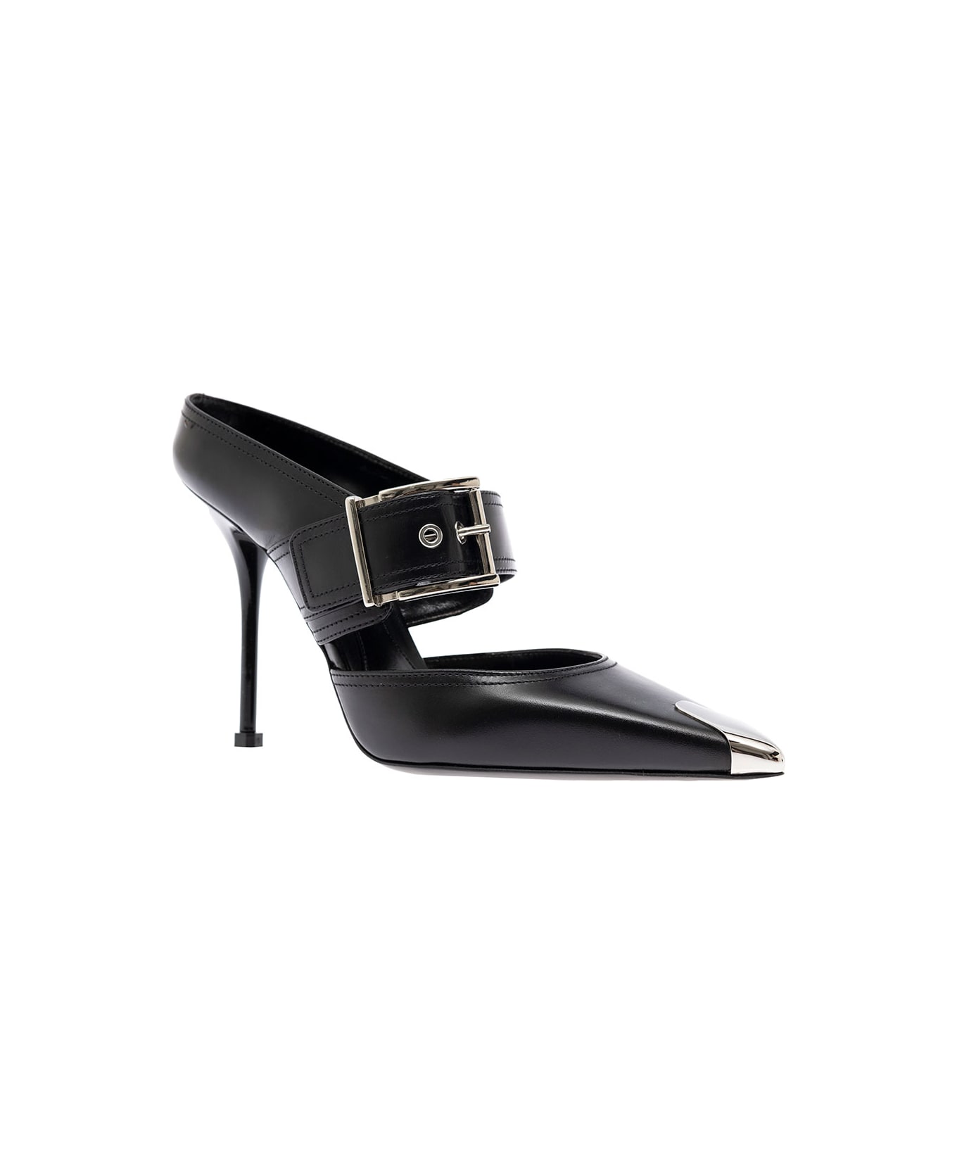 Alexander McQueen Woman's Black Patent Leather Mules With Metal Toe And Buckle - Black