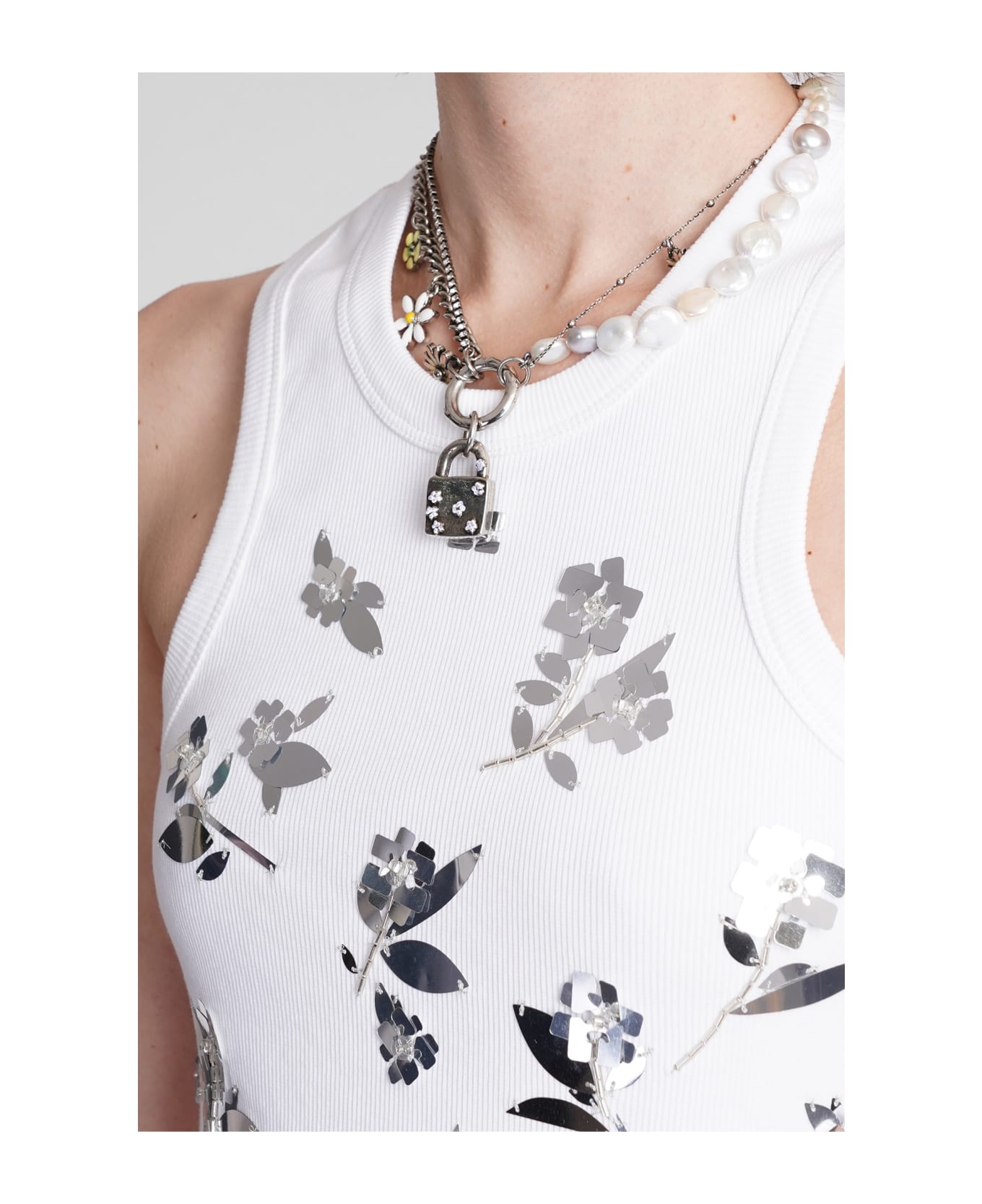 Ganni Floral Embellished Knit Tank Top - Bright White トップス