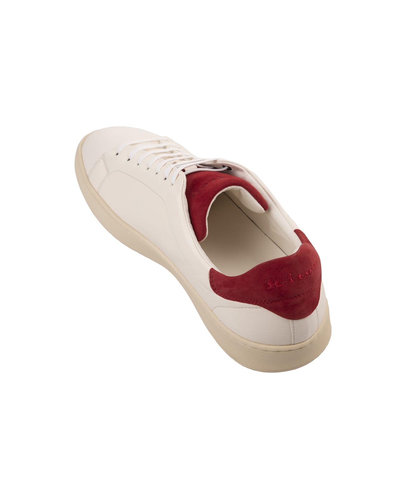 Kiton White Leather Sneakers With Red Details - White