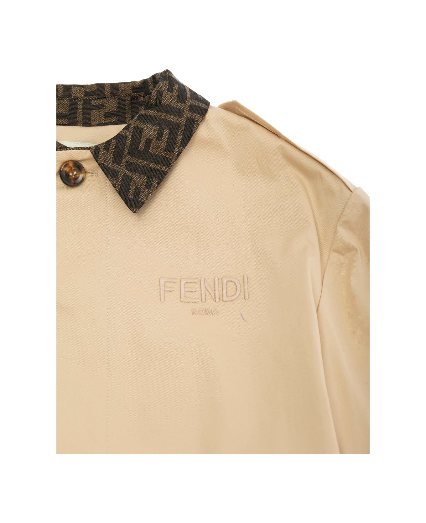 Fendi Beige Trench Coat With Ff Motif Collar And Logo On The Front In Cotton Girls - Beige