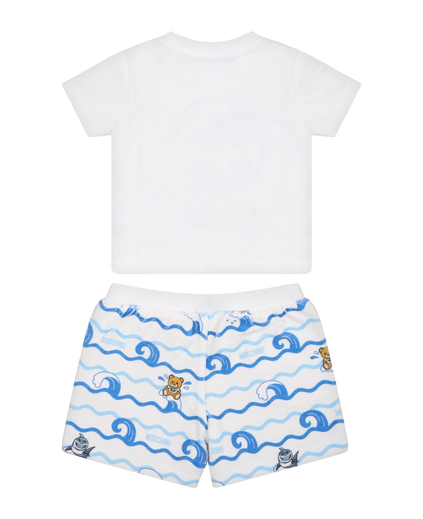 Moschino White Outfit For Baby Boy With Teddy Bear, Logo And Print - White