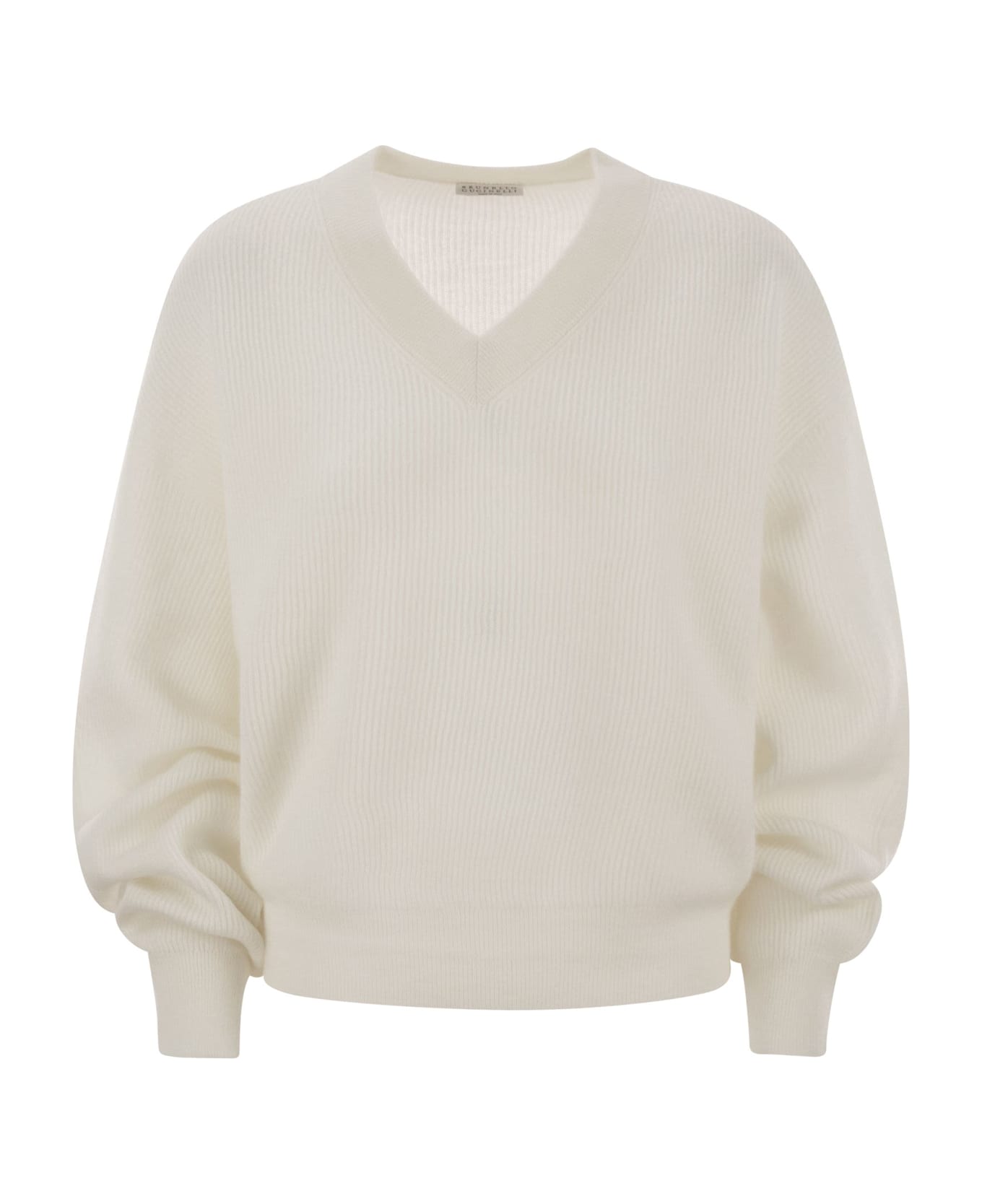Brunello Cucinelli Alpaca And Cotton Rib Sweater With Moniline - White