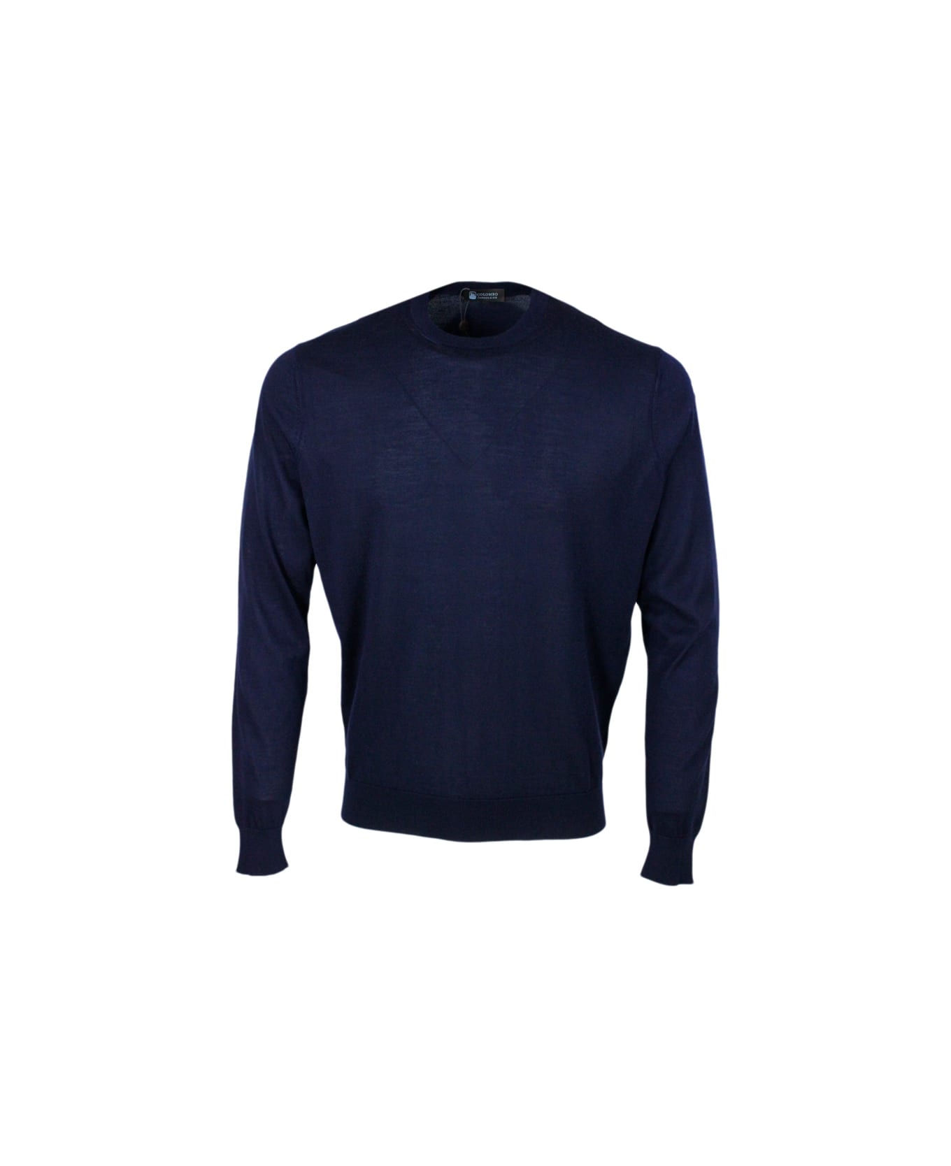 Colombo Light Crew Neck Long Sleeve Sweater In Fine 100% Cashmere And Silk With Special Processing On The Profile Of The Neck - Blu navy