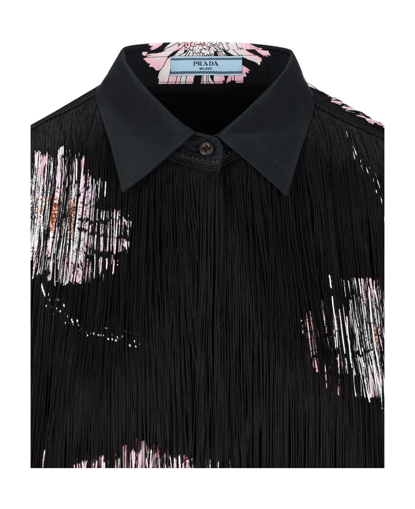 Prada Rose-printed Long-sleeved Fringed Shirt