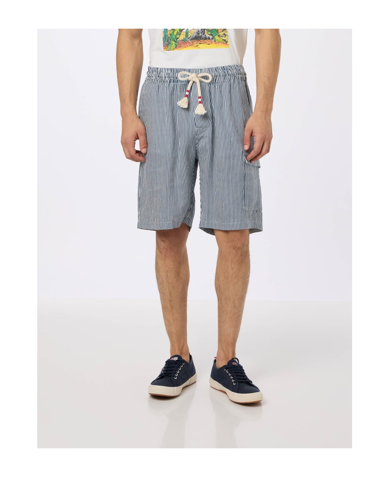 MC2 Saint Barth Man Blue Striped Linen Bermuda Marseille - BLUE