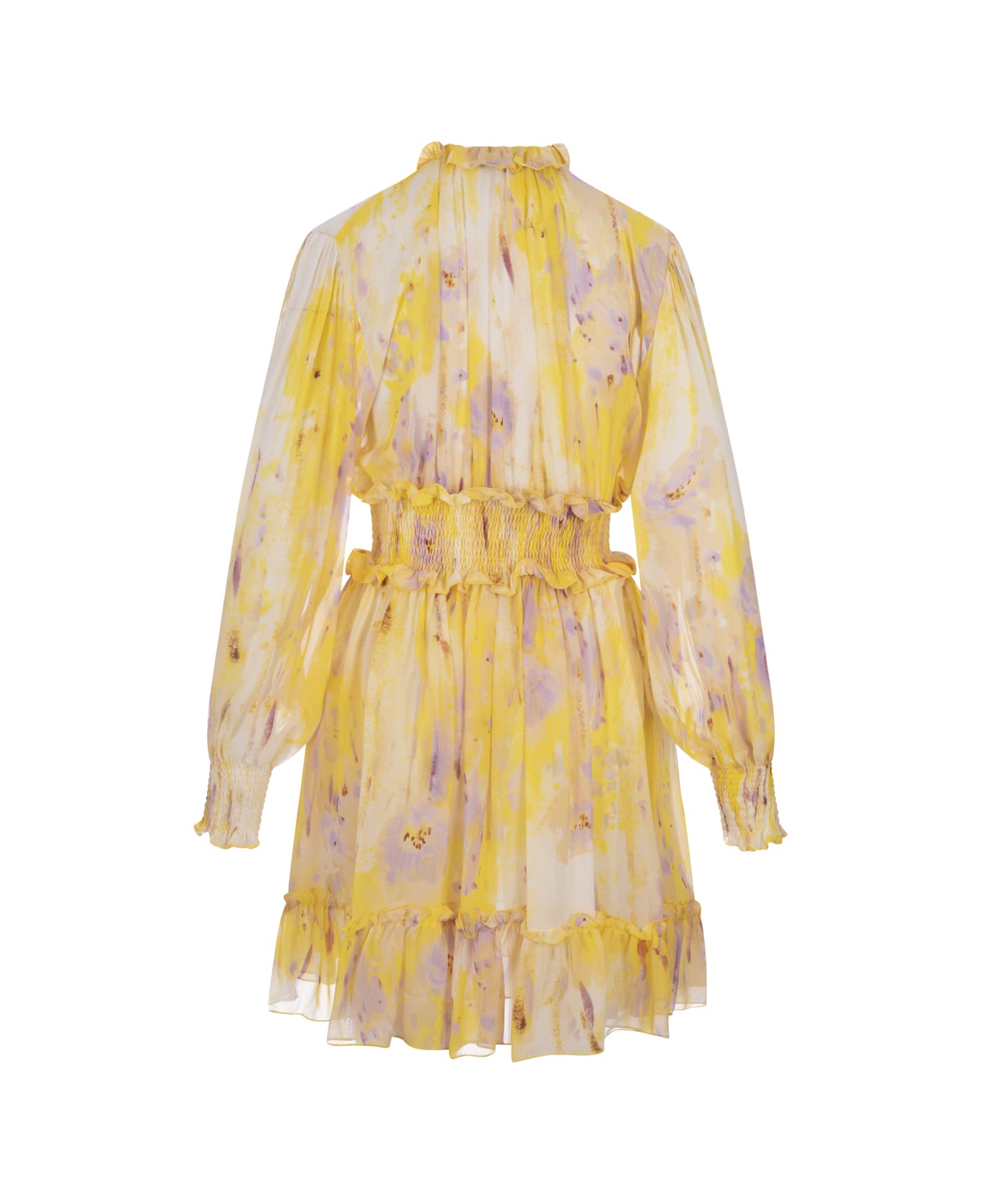 MSGM Short Dress In Georgette With "artsy Flower" Print - Yellow