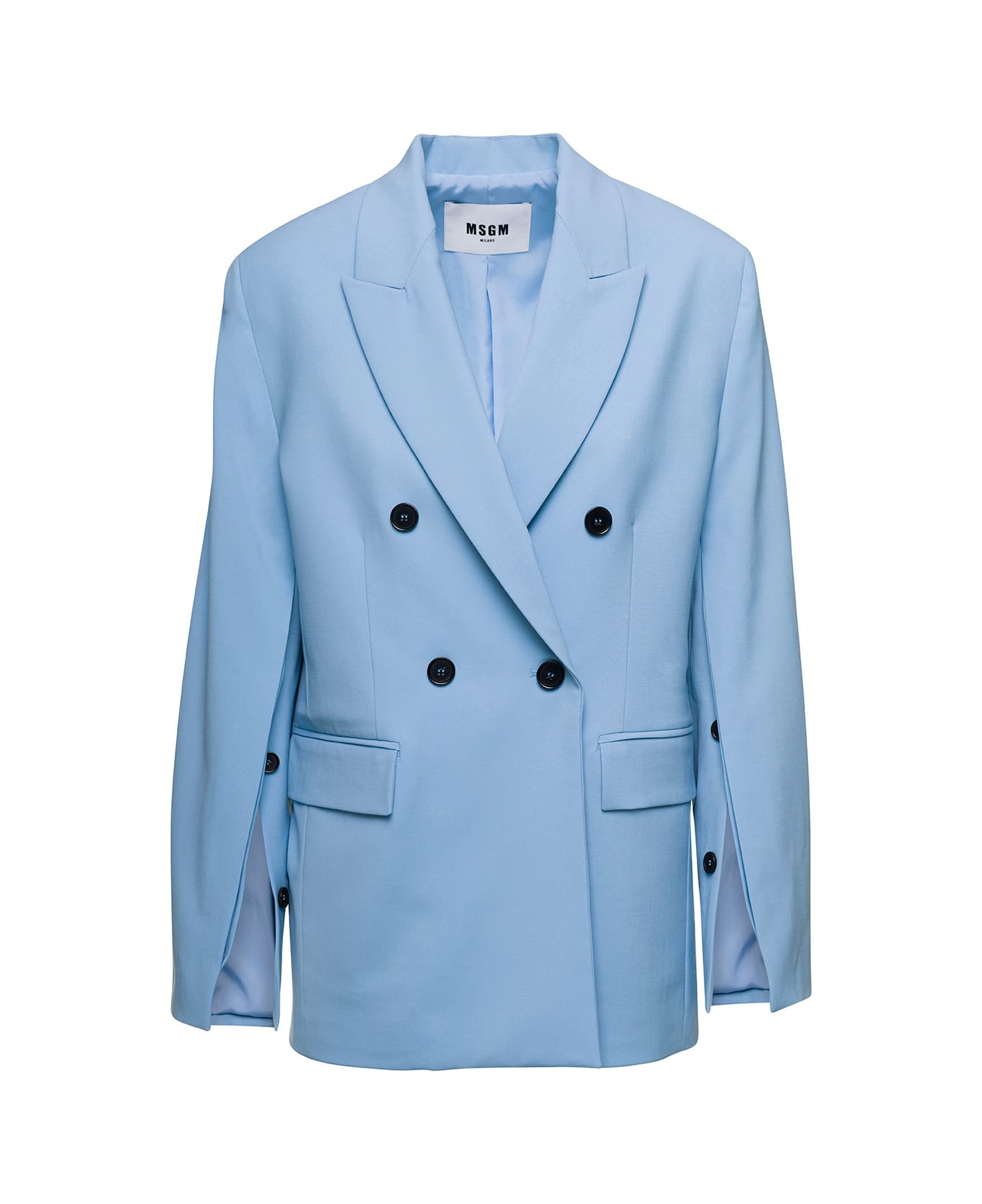 MSGM Light Blue Double-breasted Jacket With Buttoned Sleeves In Stretch Wool Woman - Blu