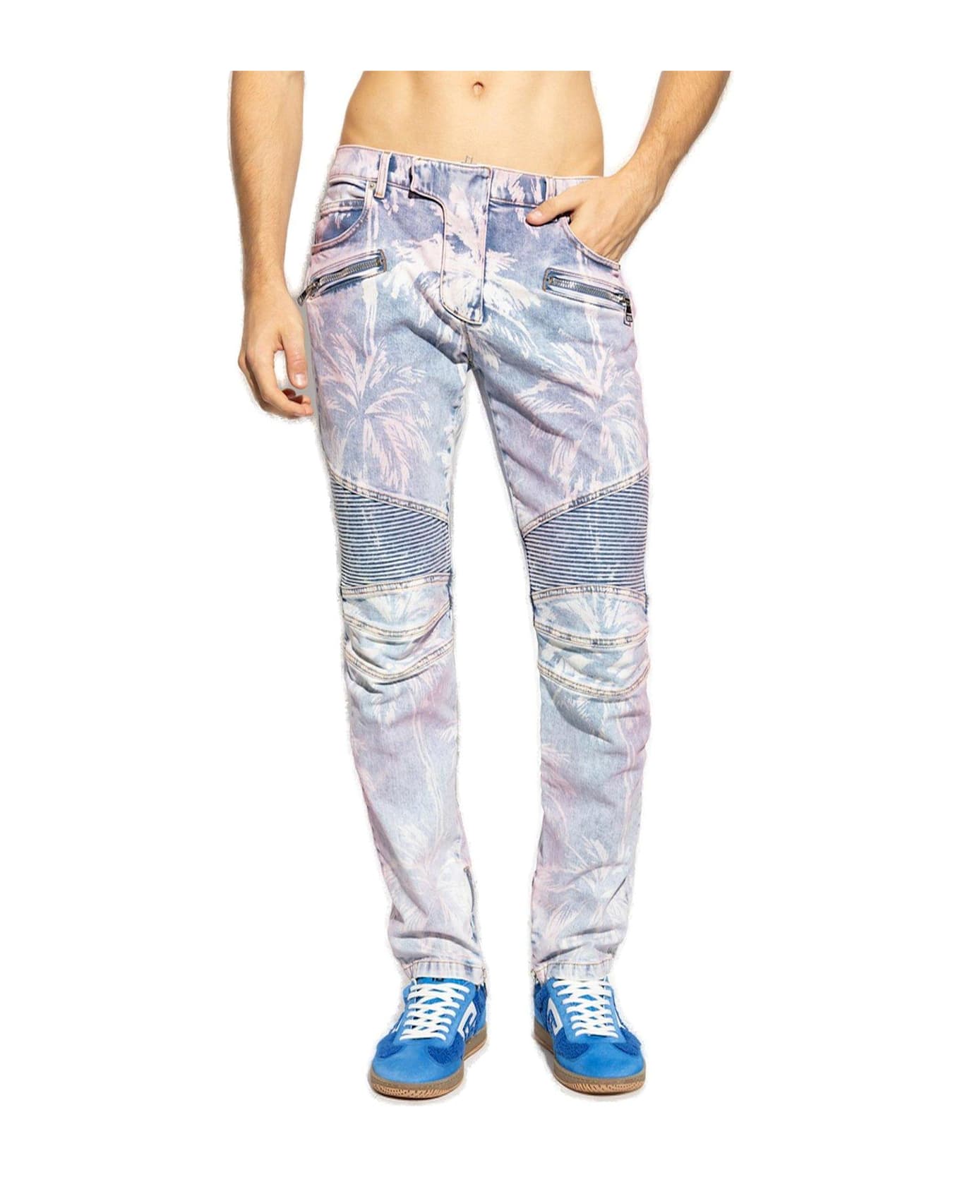 Balmain Palm Tree Printed Denim Biker Jeans - BLUE/PURPLE デニム