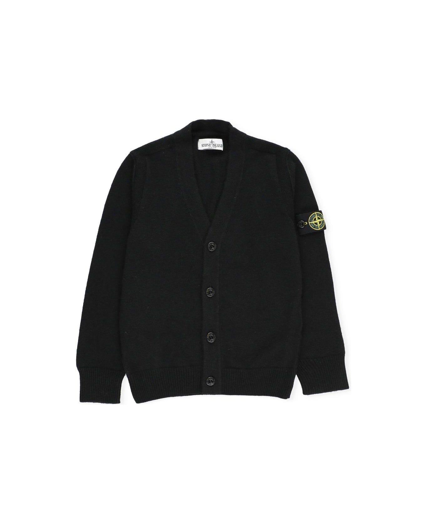 Stone Island Junior Compass Patch Knitted Cardigan - BLACK