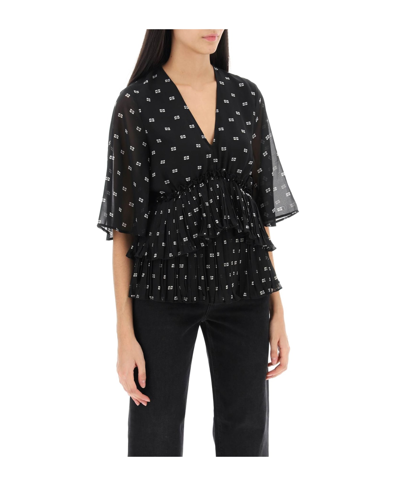 Ganni Butterfly Pleated Blouse - Nero