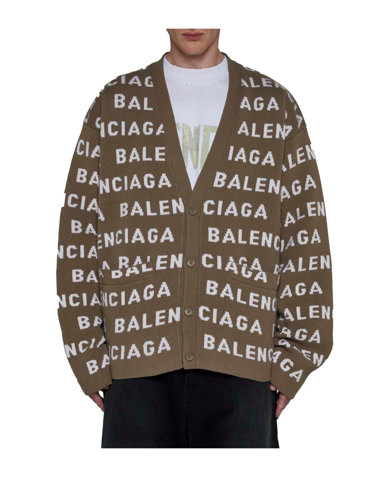Balenciaga Logo Intarsia-knit Cardigan - Beige