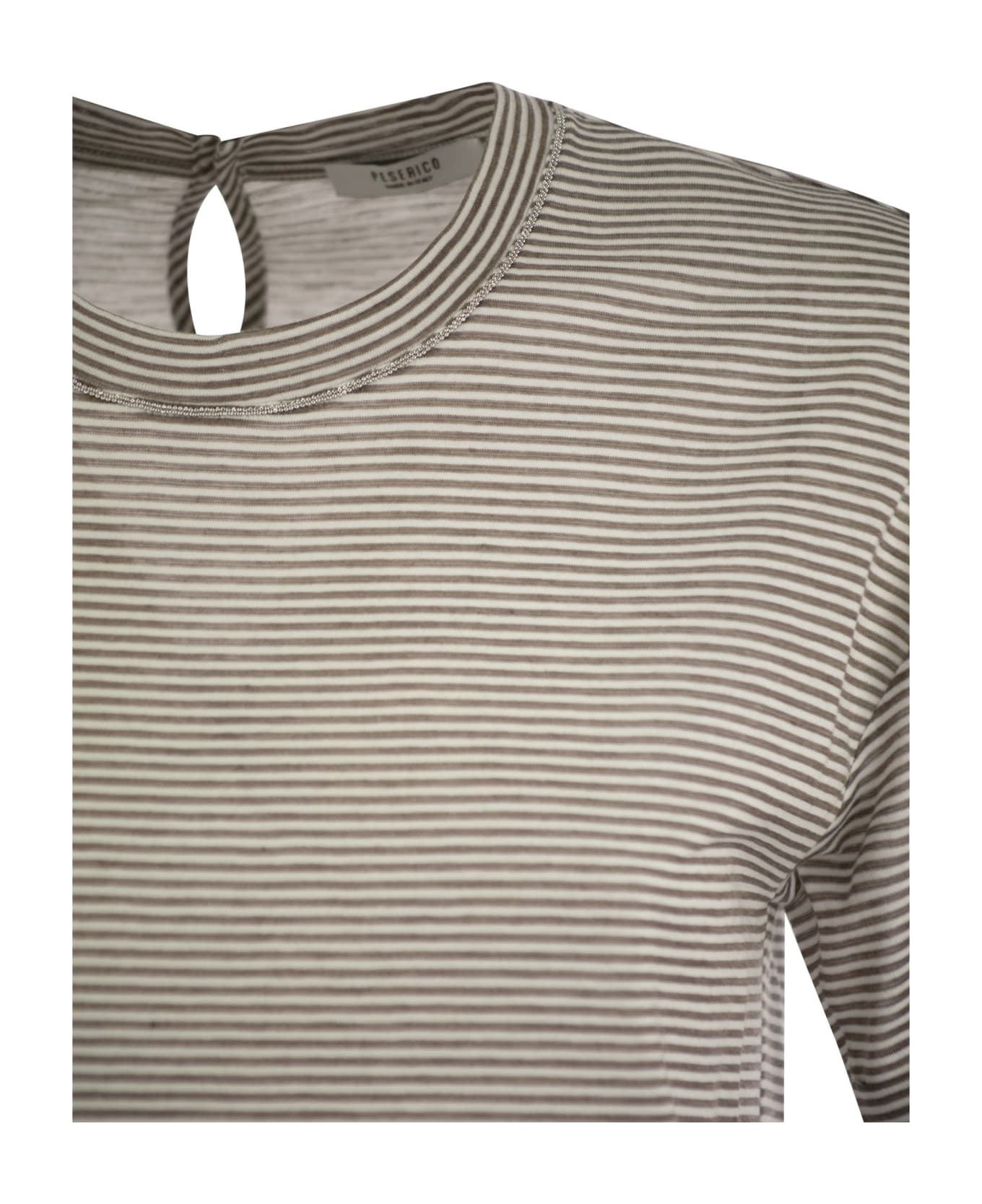 Peserico Lightweight Striped Jersey T-shirt And Punto Luce - White/brown