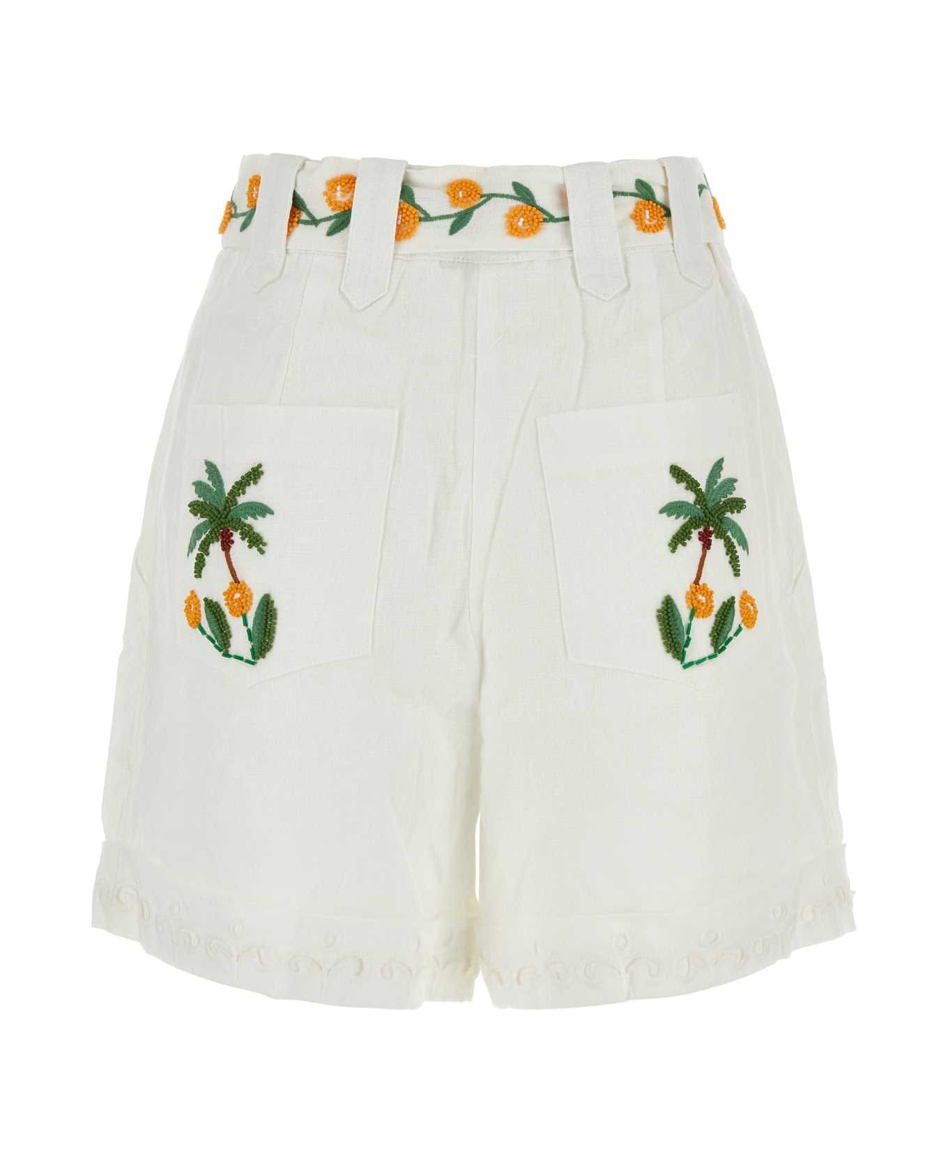 Farm Rio White Linen Tree Macaw Shorts - OFFWHITE