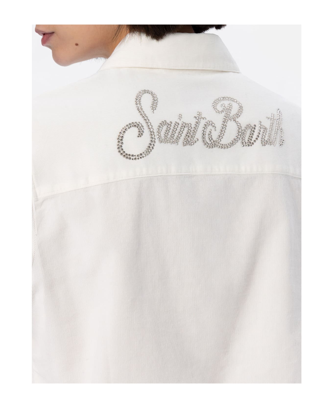 MC2 Saint Barth Woman Off-white Corduroy-like Shirt Deer With St. Barth Rhinestones Logo - WHITE