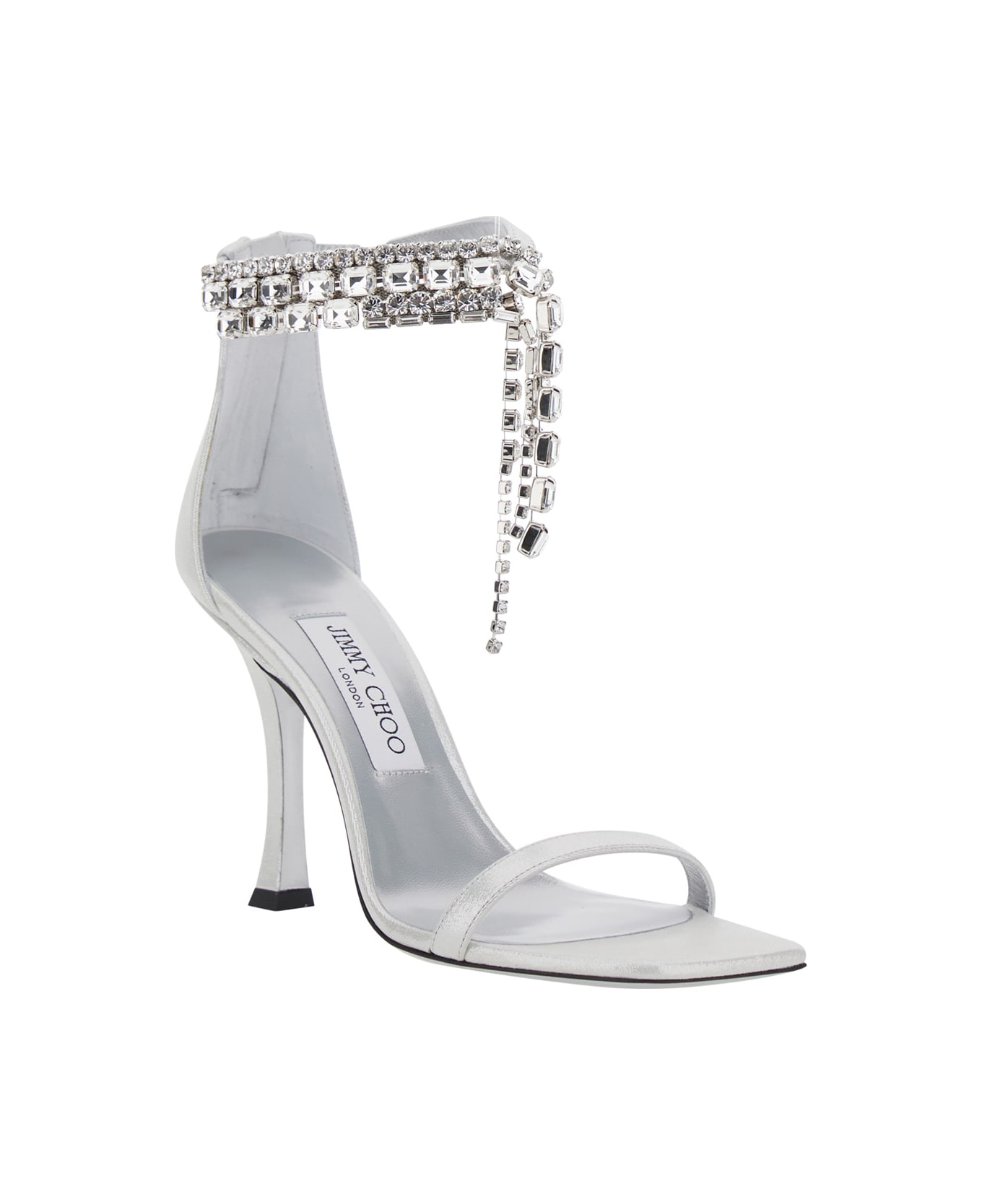 Jimmy Choo 'crystal' Metallic Sandals With Rhinestoned Ankle Strap And High Curved Heel In Leather Woman - Metallic
