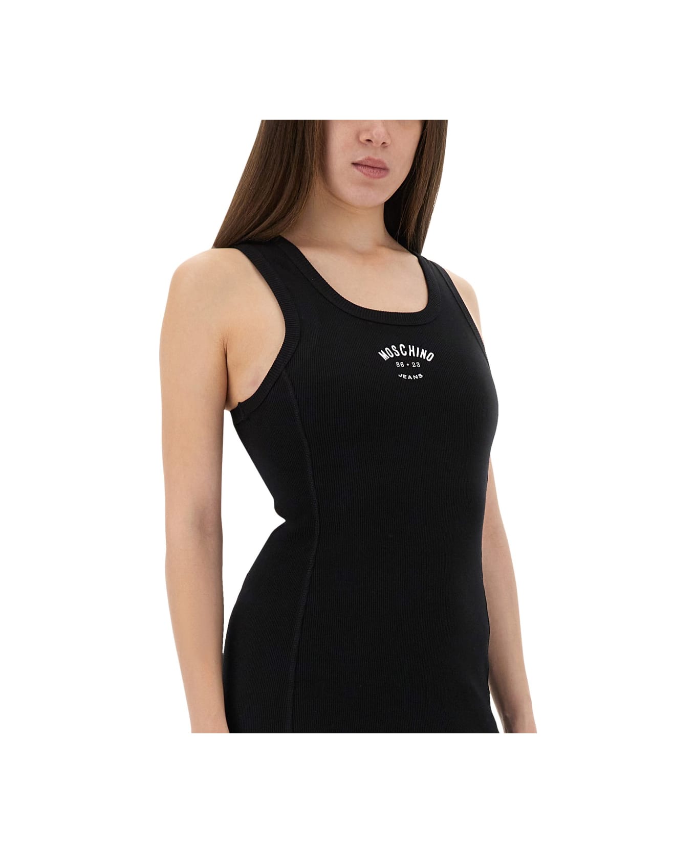 M05CH1N0 Jeans Long Dress With Logo - BLACK