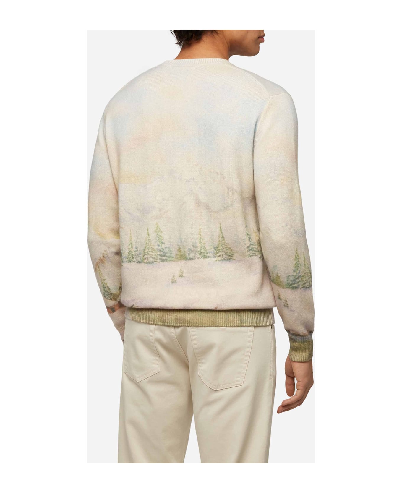 MC2 Saint Barth Crewneck Sweater Heron With Landscape Print And Weekend Mood Embroidery - WHITE