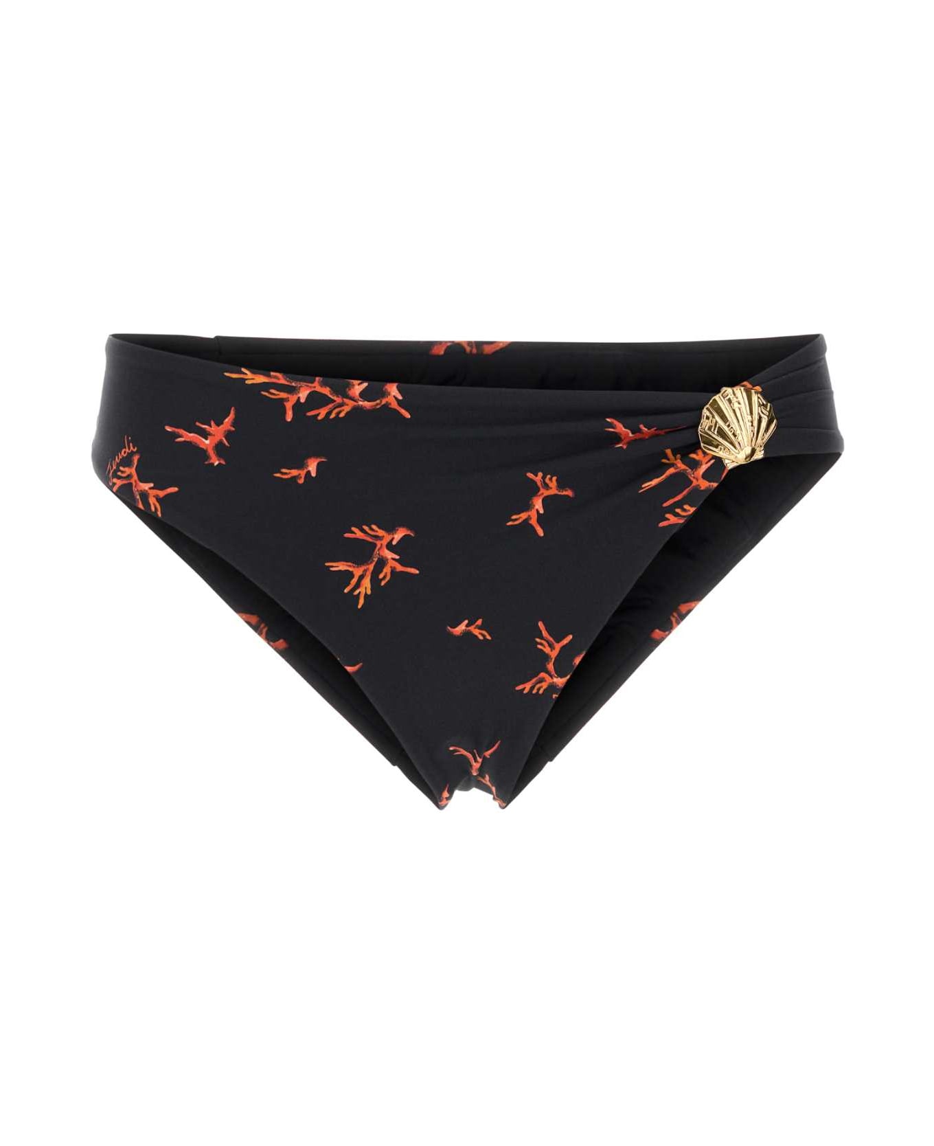 Fendi Printed Stretch Nylon Bikini Bottom - BLACK+MARSALA