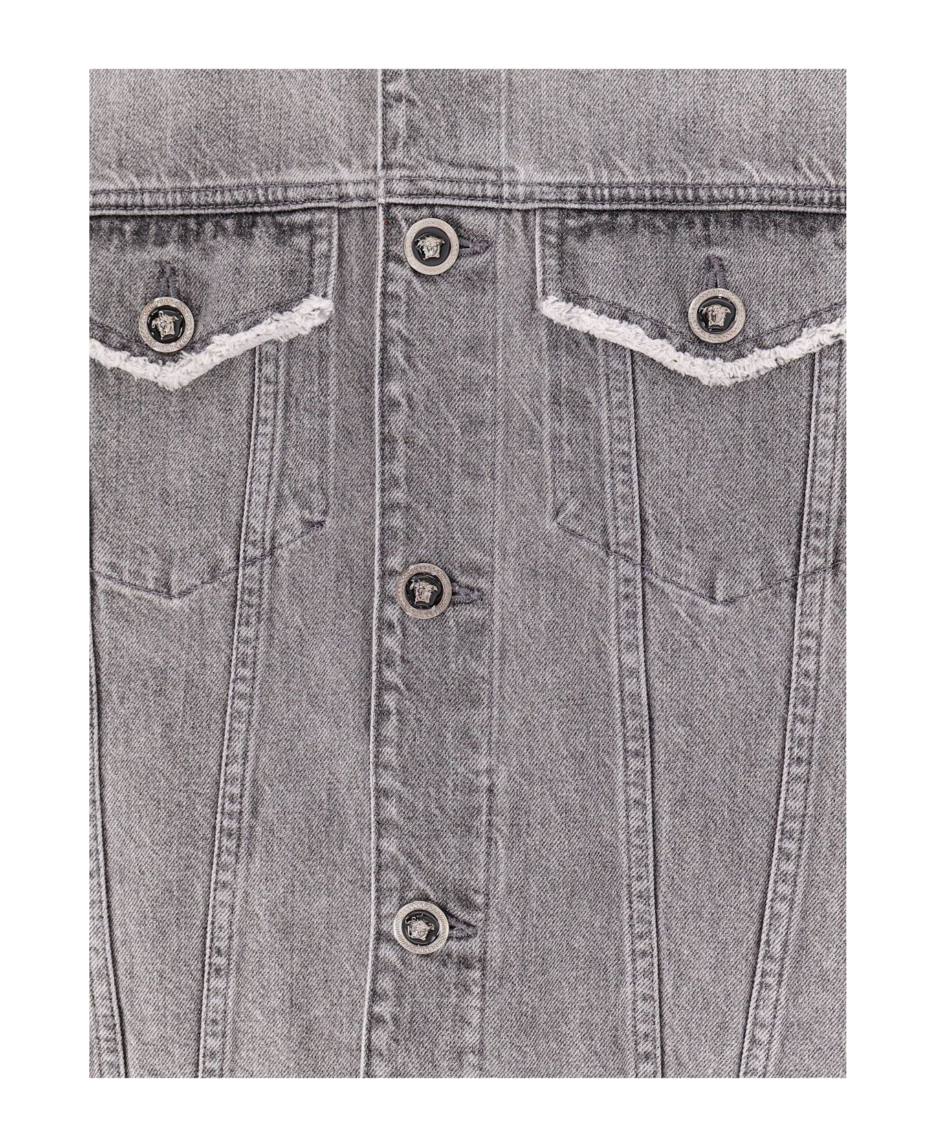 Versace Logo Patch Frayed Denim Gilet - GREY