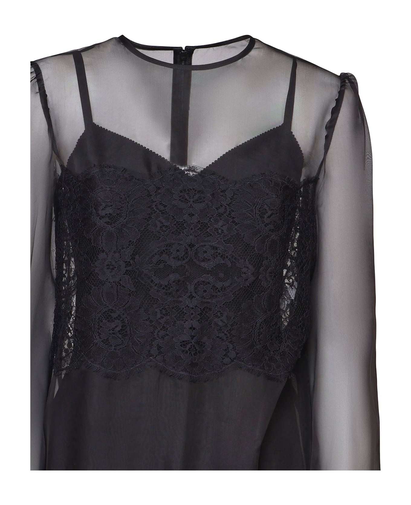 Dolce & Gabbana Short Dress In Silk Organza With Lace Inlays - Black