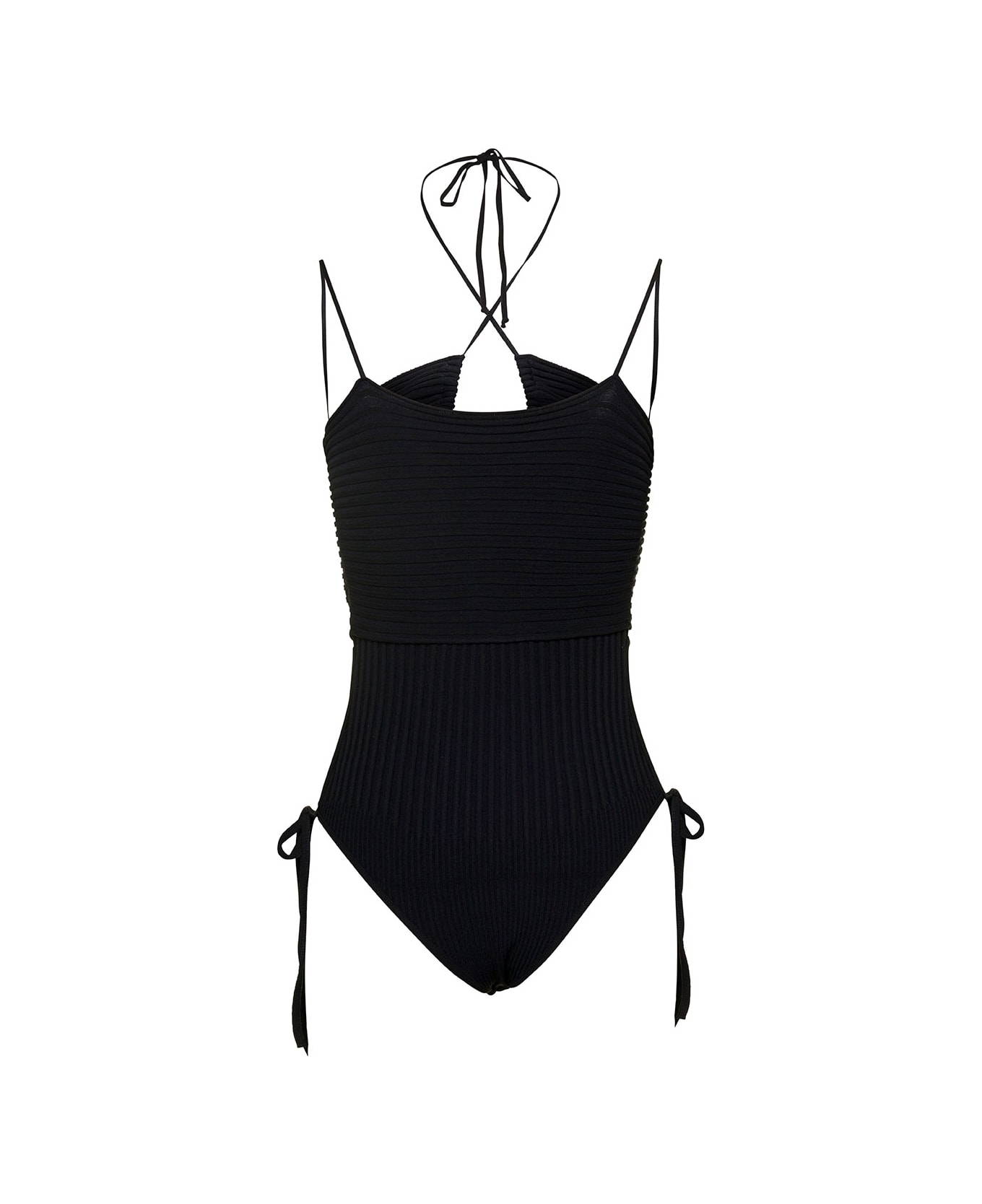 ANDREĀDAMO Black Ribbed Body-suit With Cut-out Detail And Halterneck In Viscose Blend Woman - Black