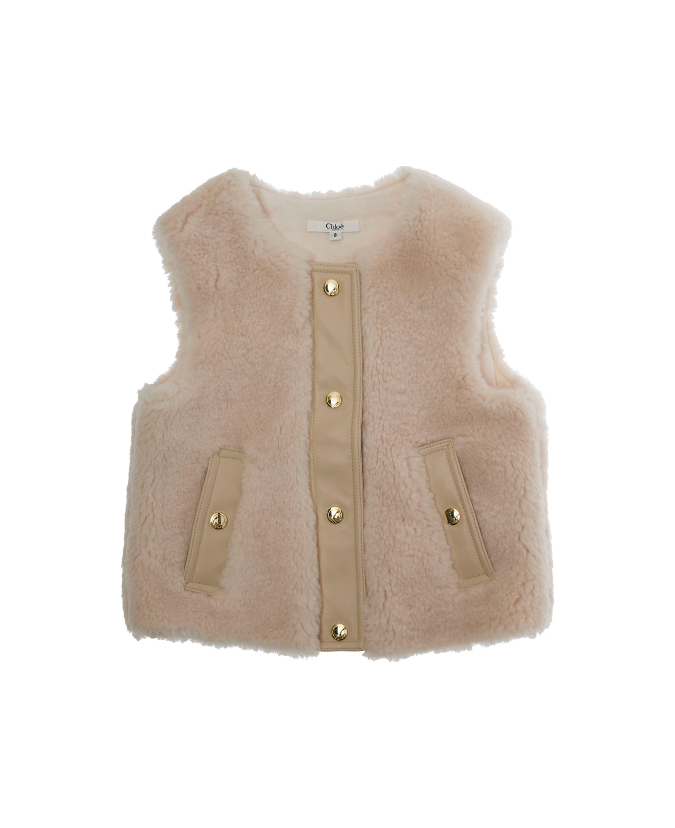 Chloé Beige Sleeveless Crewneck Coat With Front Button Closure In Ecofur Girl - Beige