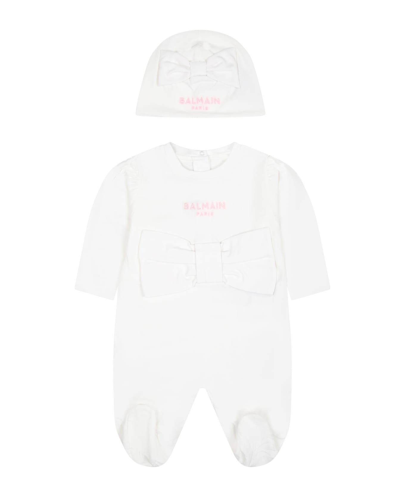 Balmain White Babygrown For Baby Girl With Logo - White ボディスーツ＆セットアップ