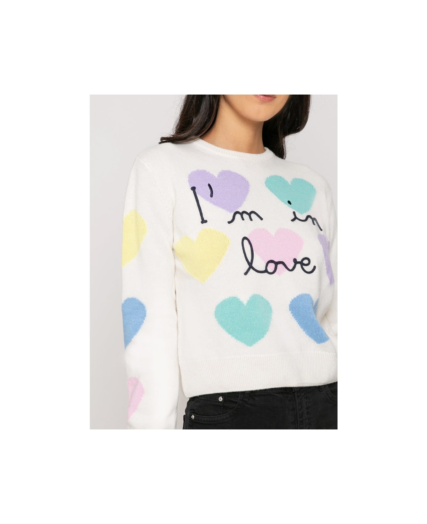 MC2 Saint Barth Woman Sweater With Hearts Print And I'm In Love Embroidery - WHITE