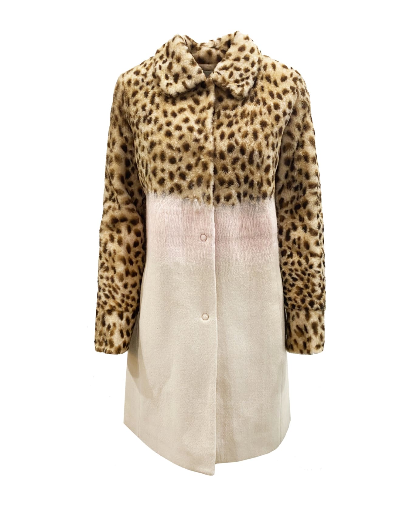 DROMe Leopard Sleeve Shearling Coat - Pink