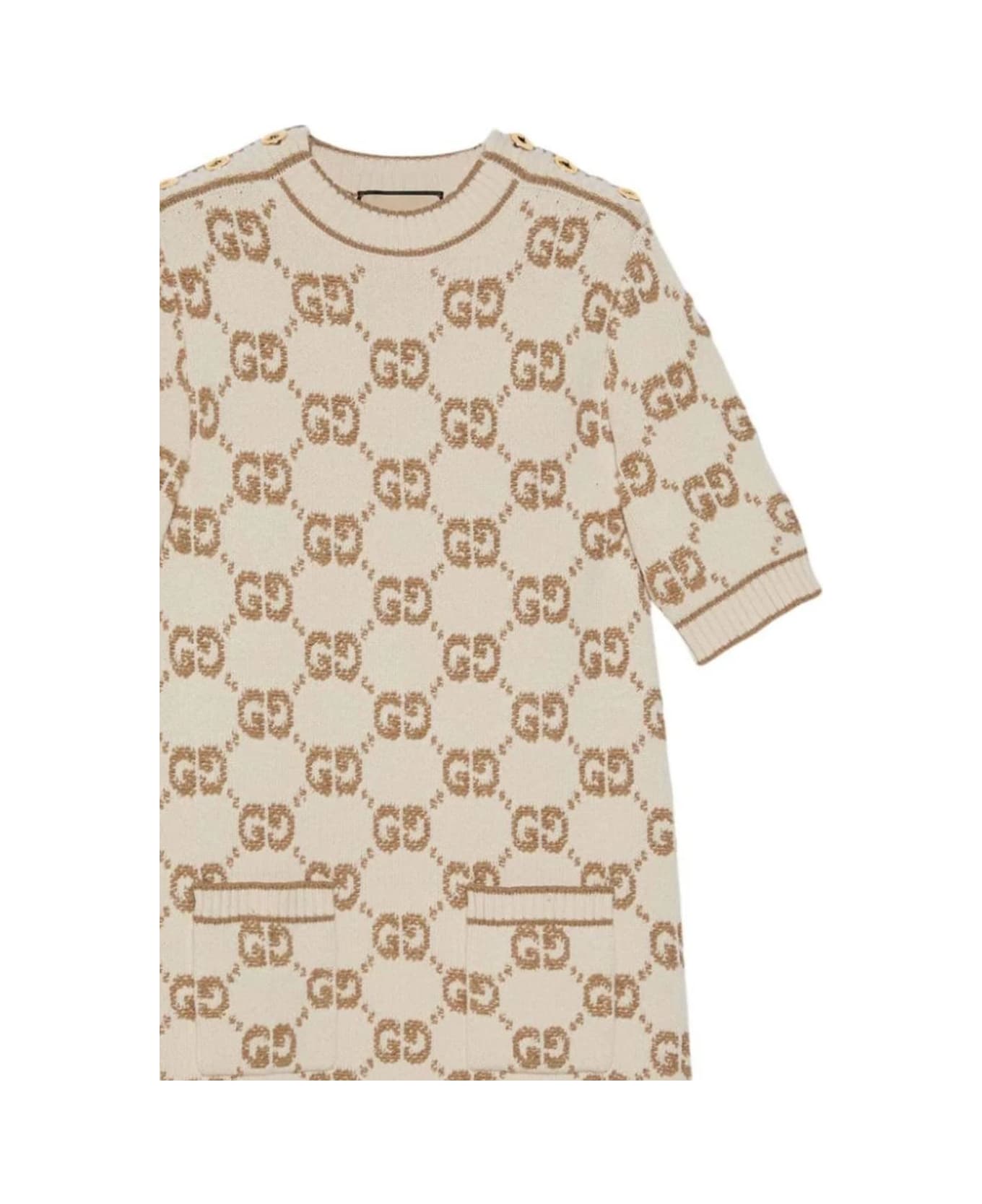 Gucci Monogrammed Logo Intarsia Short-sleeve Dress - Beige