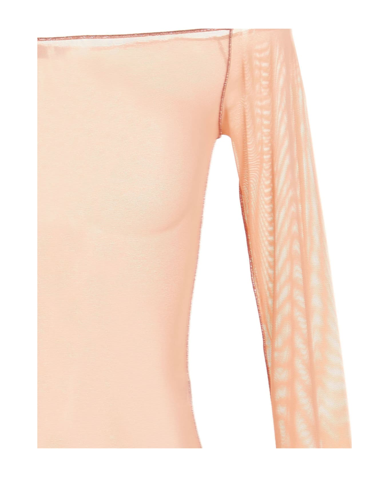 Oseree Feather Transparent Mesh Bodysuit - Pink