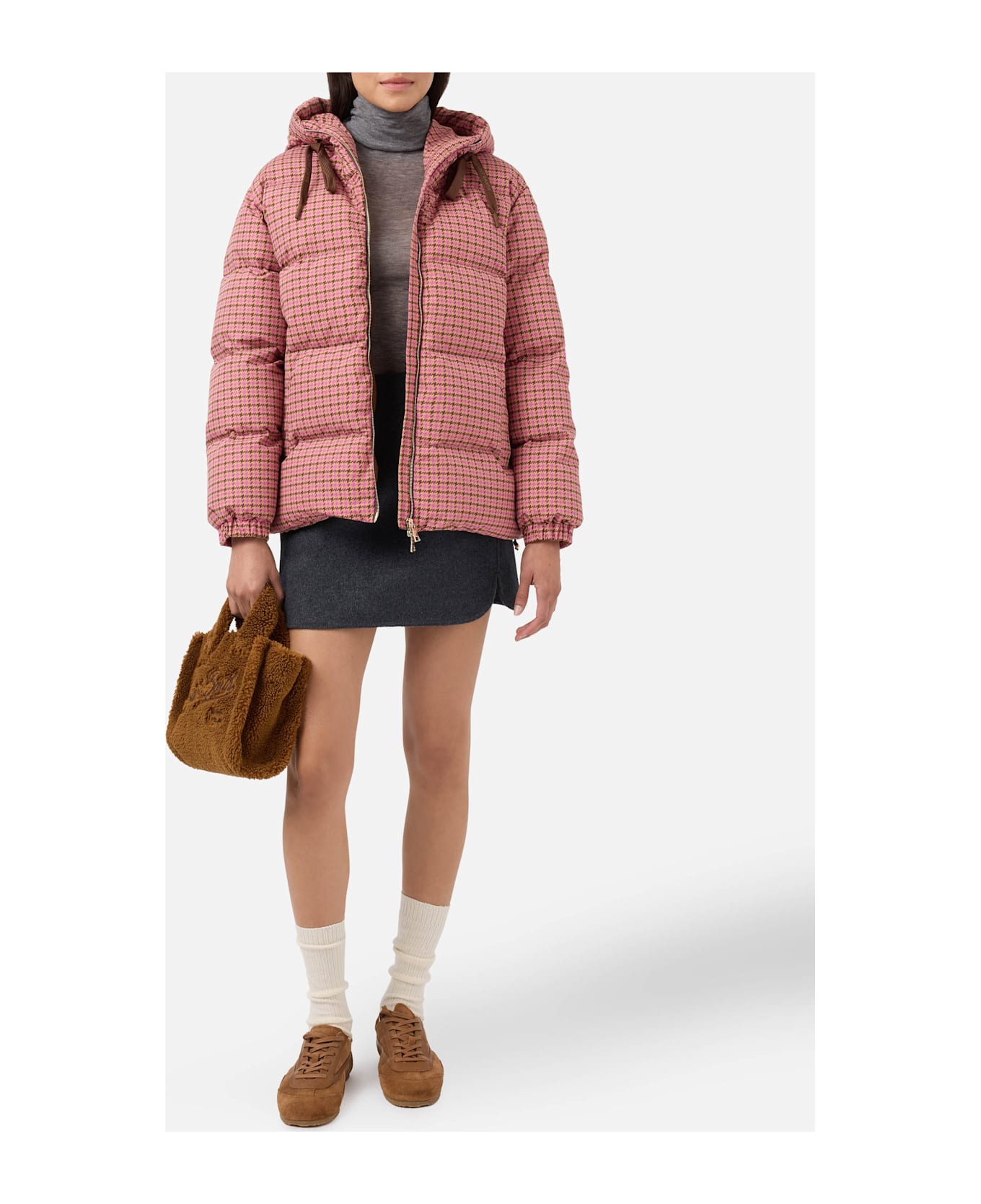 MC2 Saint Barth Hooded Down Padded Jacket Geneve With Pied De Poul Print - PINK