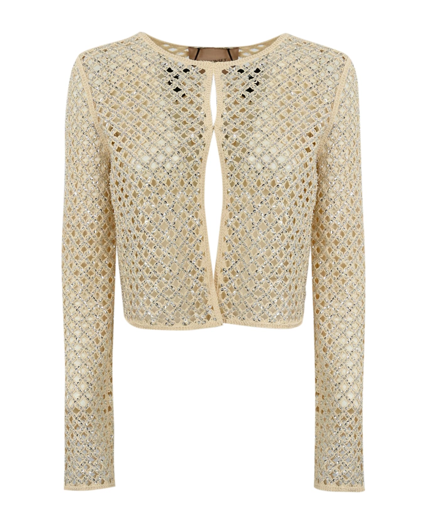 TwinSet Mesh Cardigan With Beads And Rhinestones - Beige