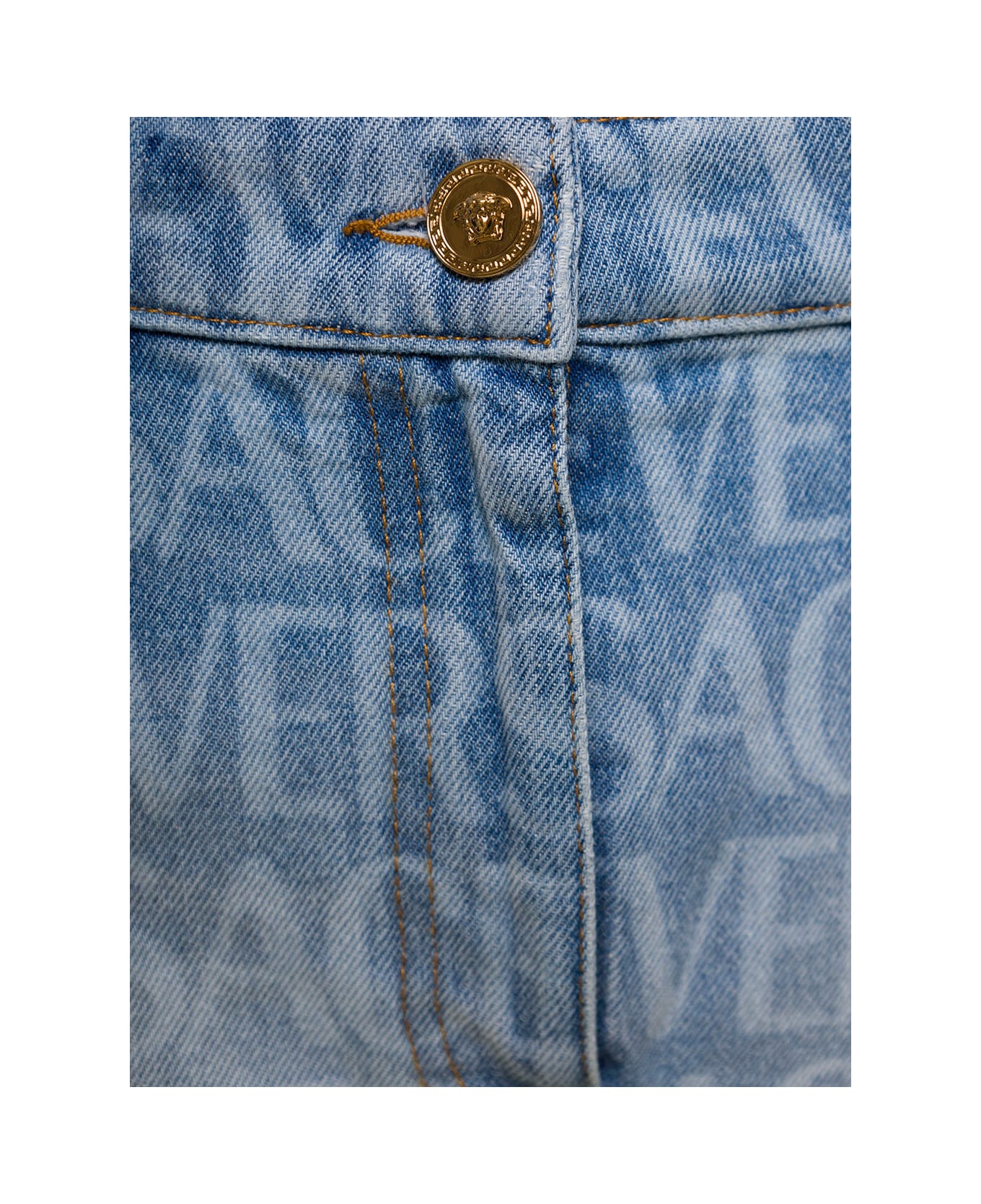 Versace Light Blue Mini-skirt With All-over Logo Print In Cotton Denim Woman - Blu