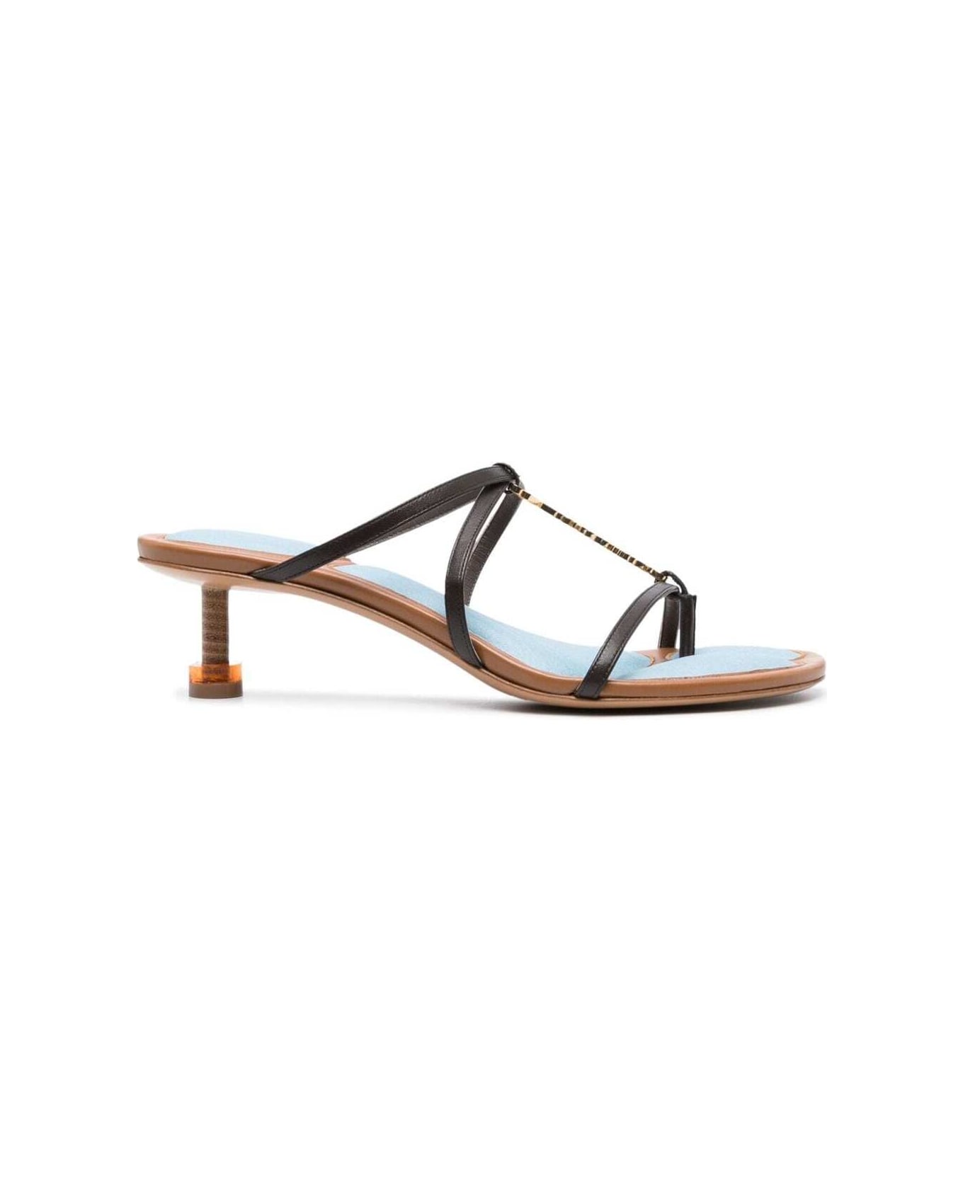 Jacquemus 'les Sandales Pralu Plates' Black Sandals With Stacked Heel And Logo Charm In Leather Woman - Multicolor