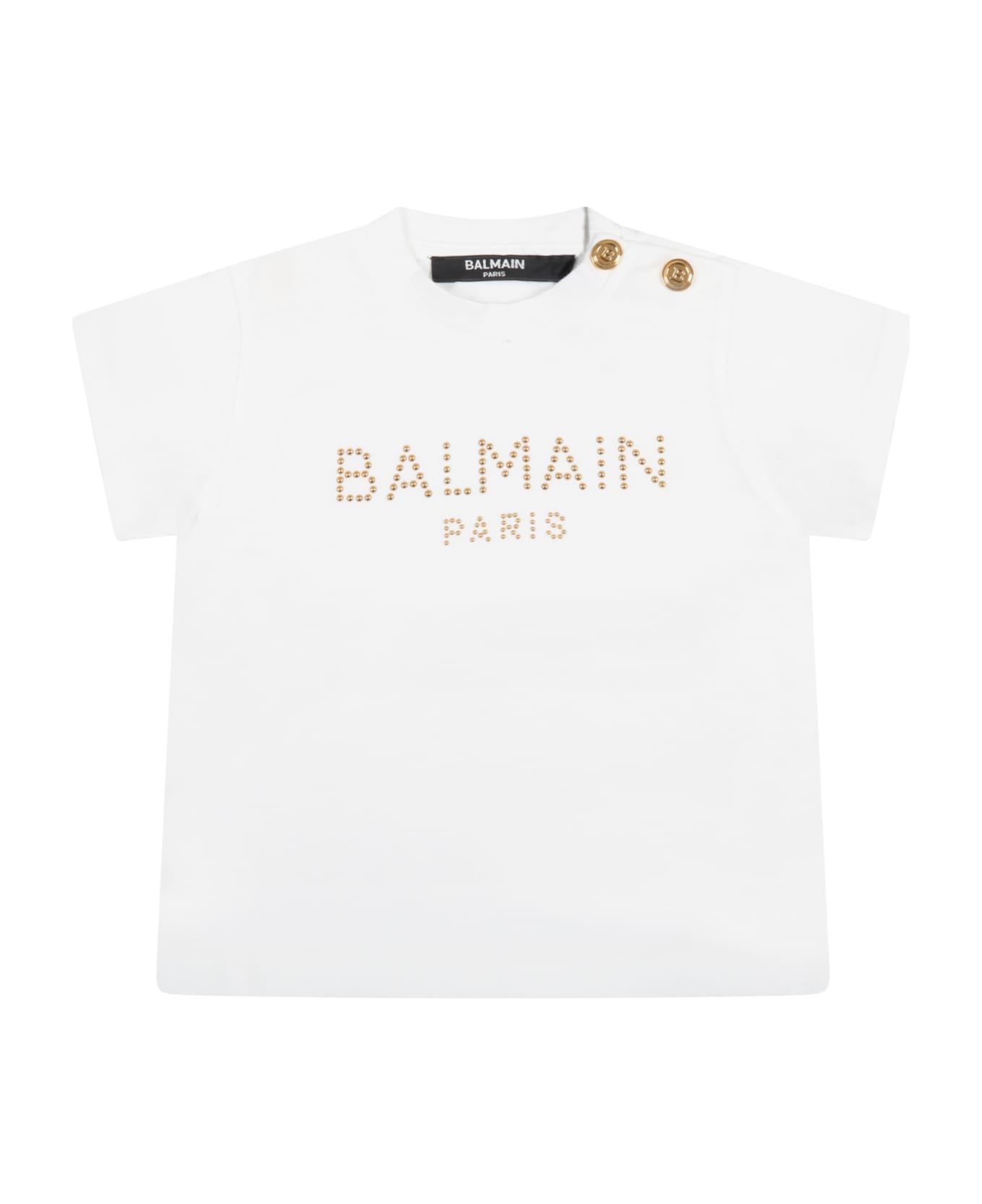 Balmain White T-shirt For Baby Girl With Golden Logo - White