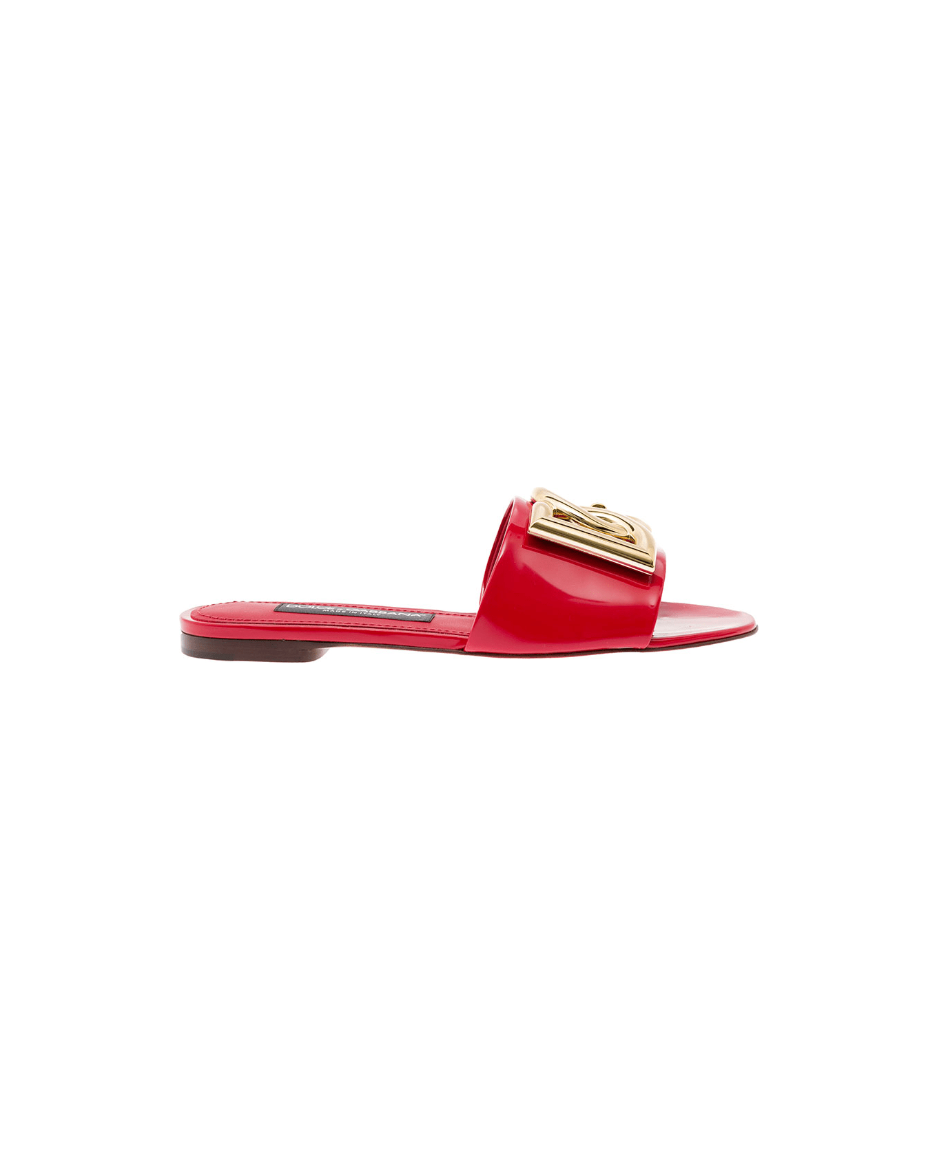 Dolce & Gabbana Red Sliders With Metal Dg Logo In Polished Leather Woman - Red