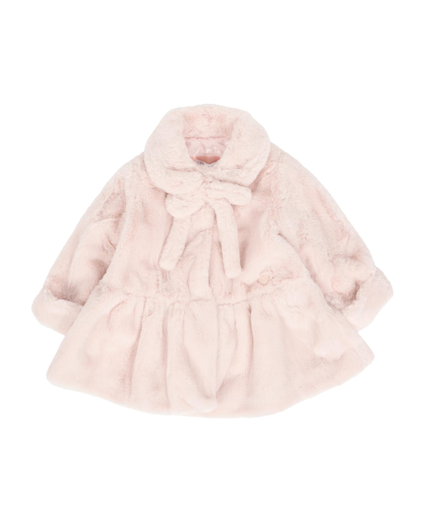 Monnalisa Pink Faux Fur Coat For Baby Girl With Logo - Pink
