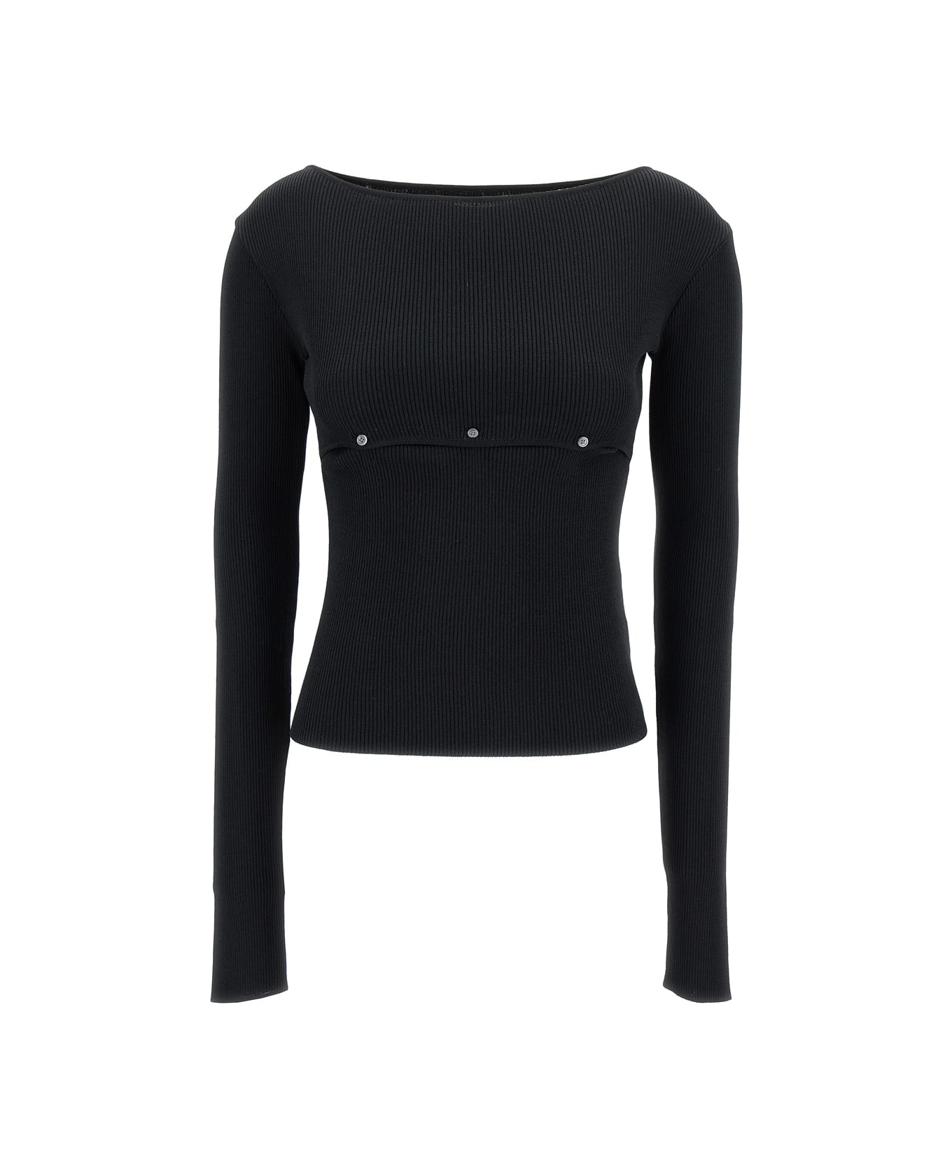 Low Classic Black Ribbed Top With Boat Neckline And Buttons In Rayon Blend Woman - Black