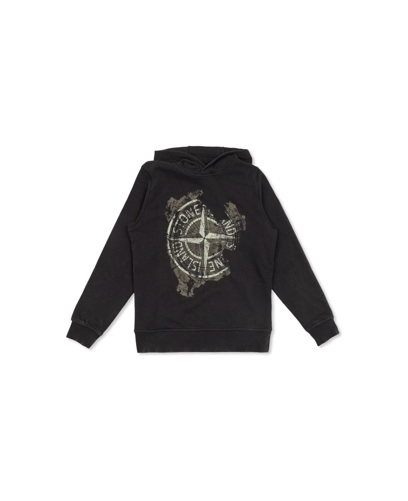 Stone Island Junior Black Hoodie With Fixed Hood And Maxi Logo Print On The Front In Cotton Boy - Black
