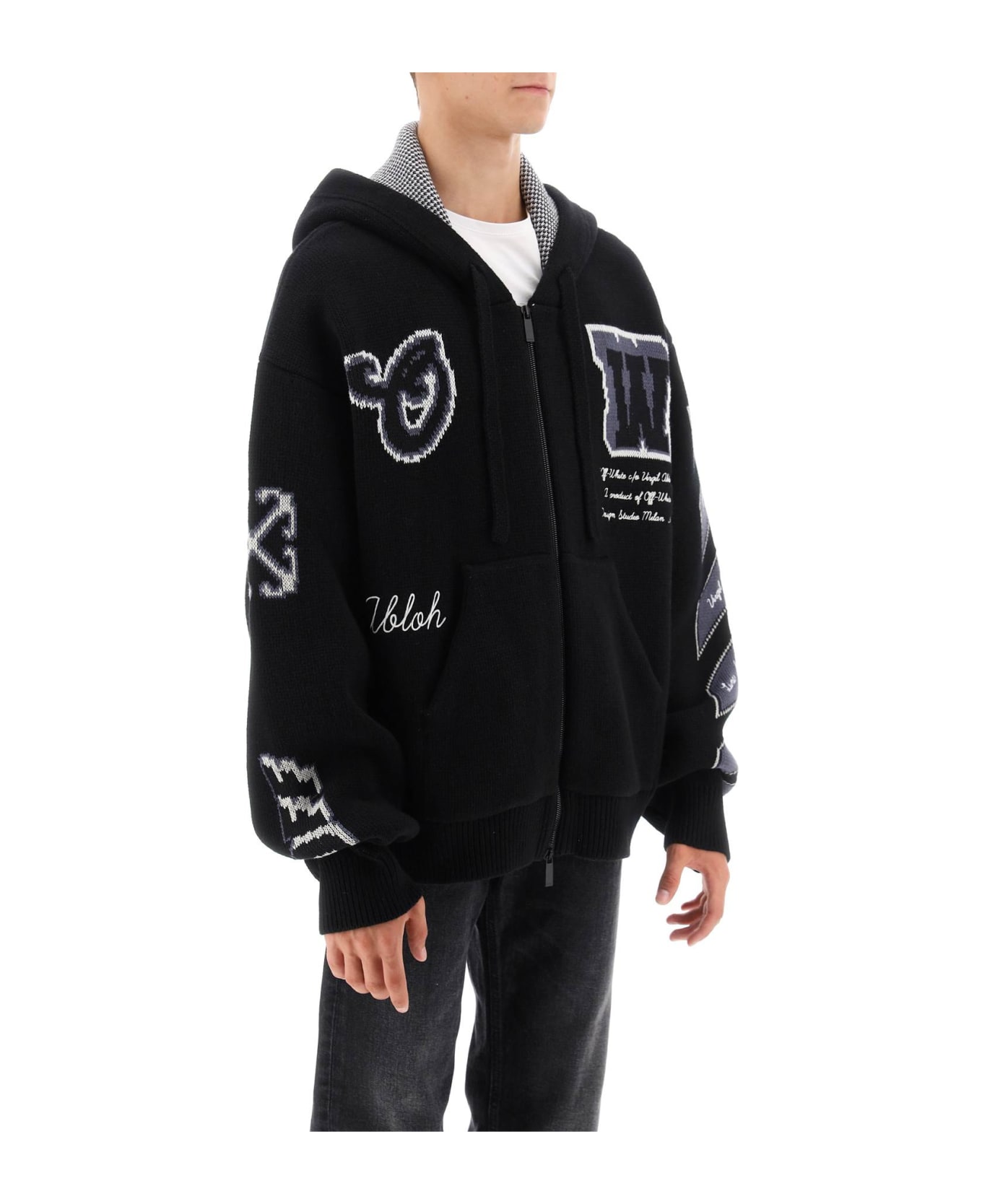 Off-White Jacquard Knit Zip-up Hoodie - black