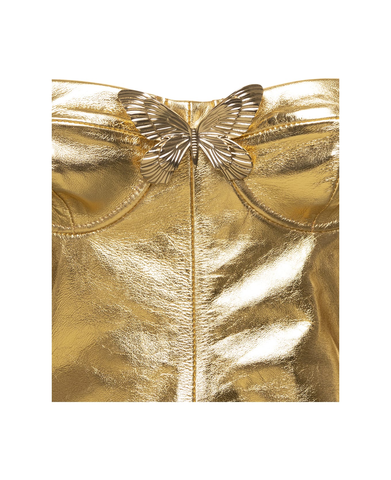 Blumarine Gold Bustier Top With Butterfly Detail In Laminated Leather Woman - Metallic