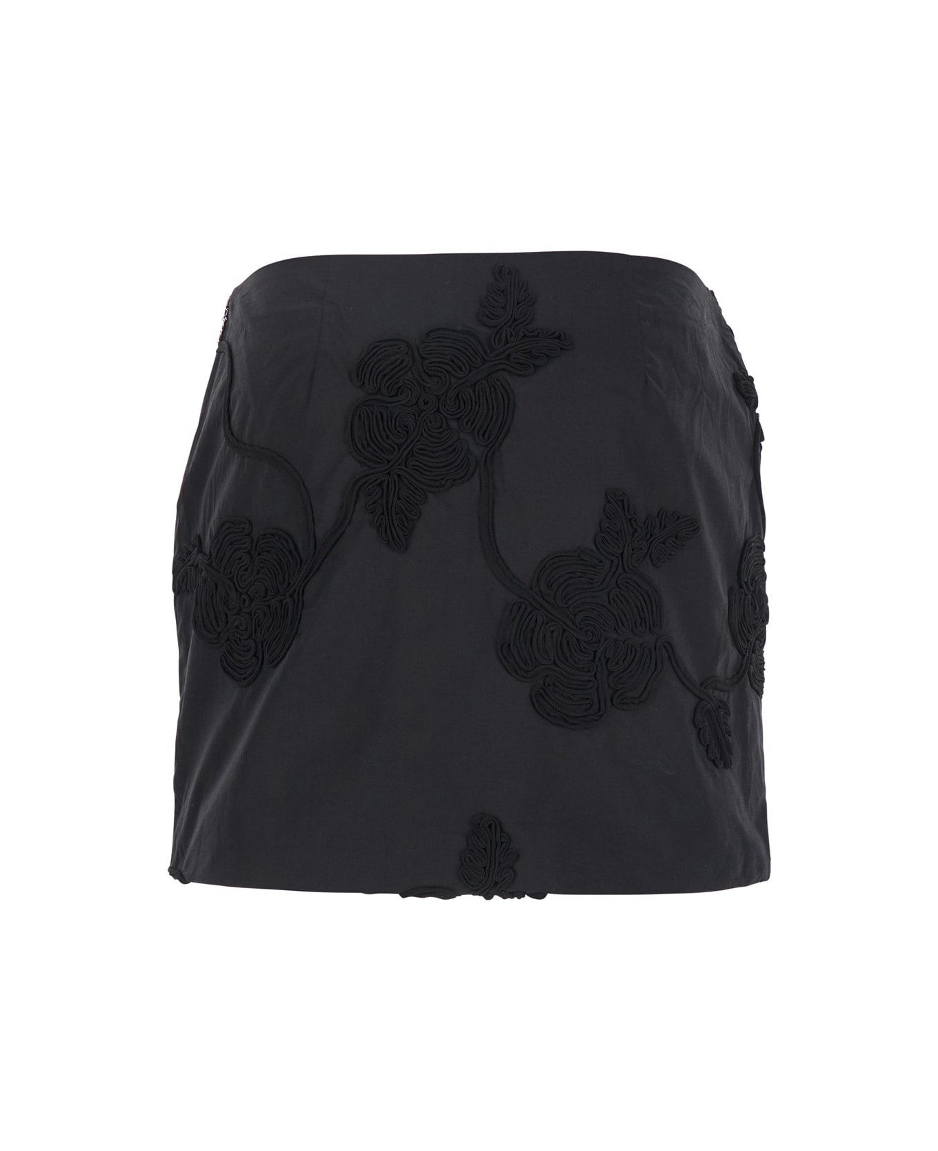 Rotate by Birger Christensen Black Mini Skirt With 3d Floral Details Applied All-over In Cotton Woman - Black