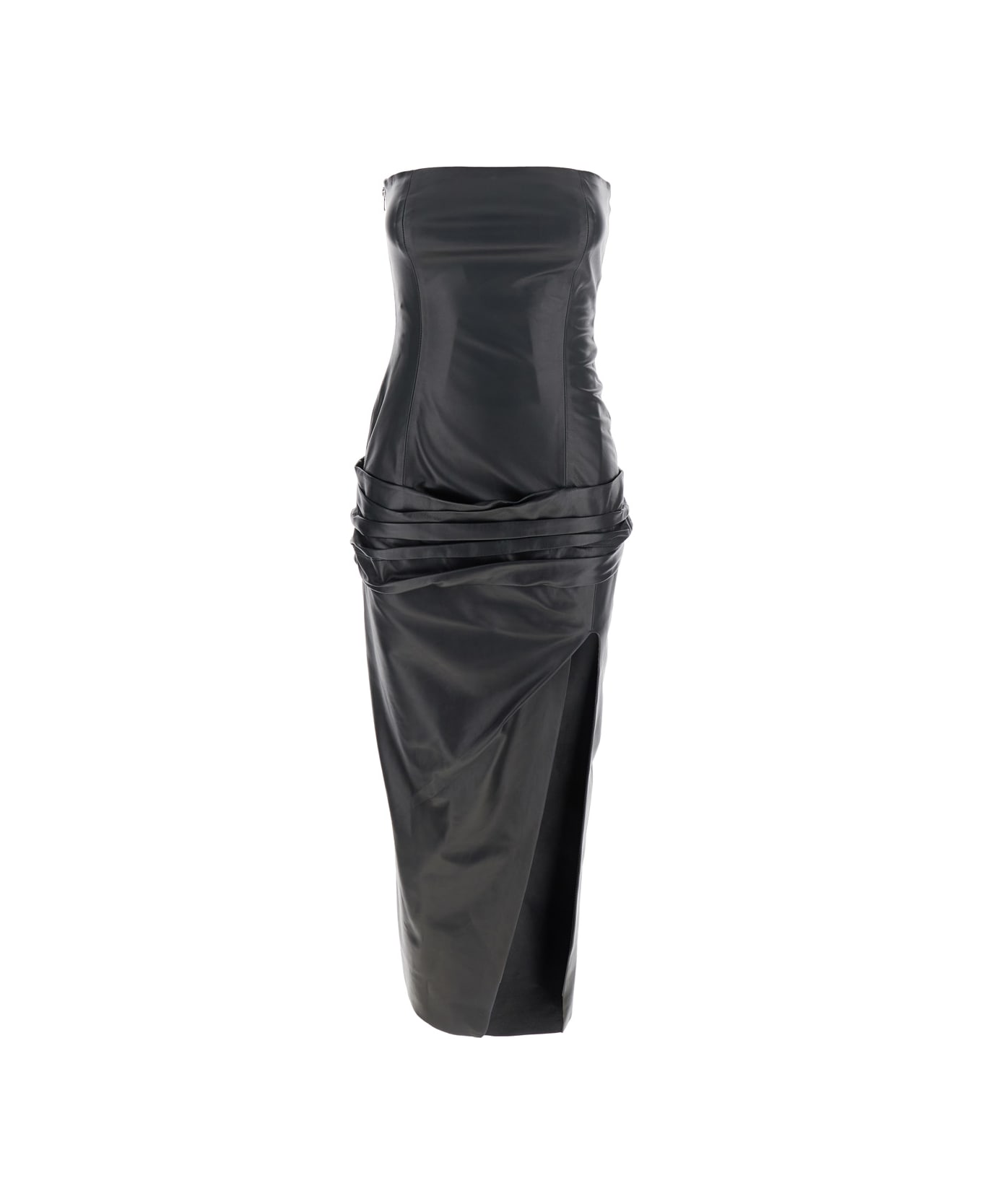Black Sleeveless Off-shoulder Midi Dress With Front Single Slit And Ruched Waist In Leather Woman - Thumbnail 2