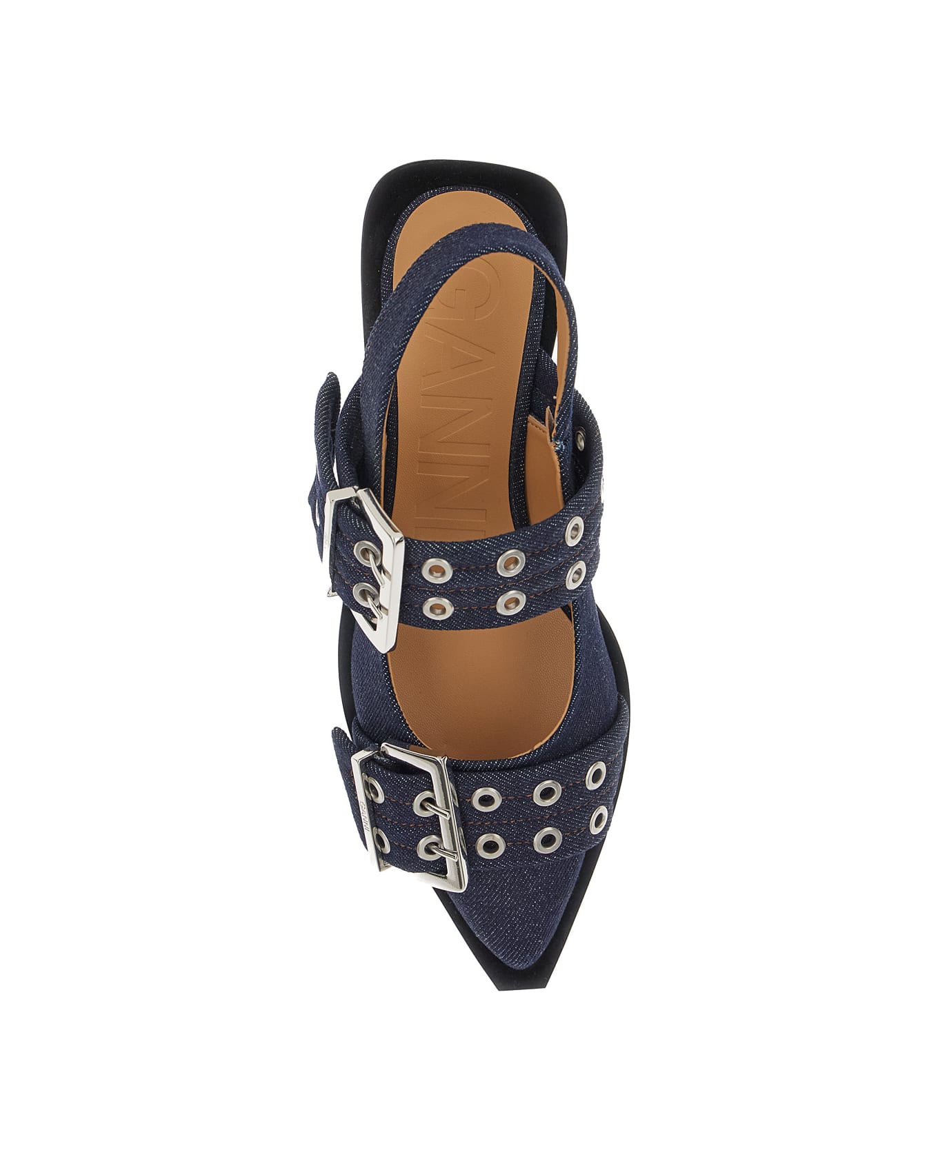 Ganni Blue Ballet Shoes With Double Buckle In Denim Woman - Blu