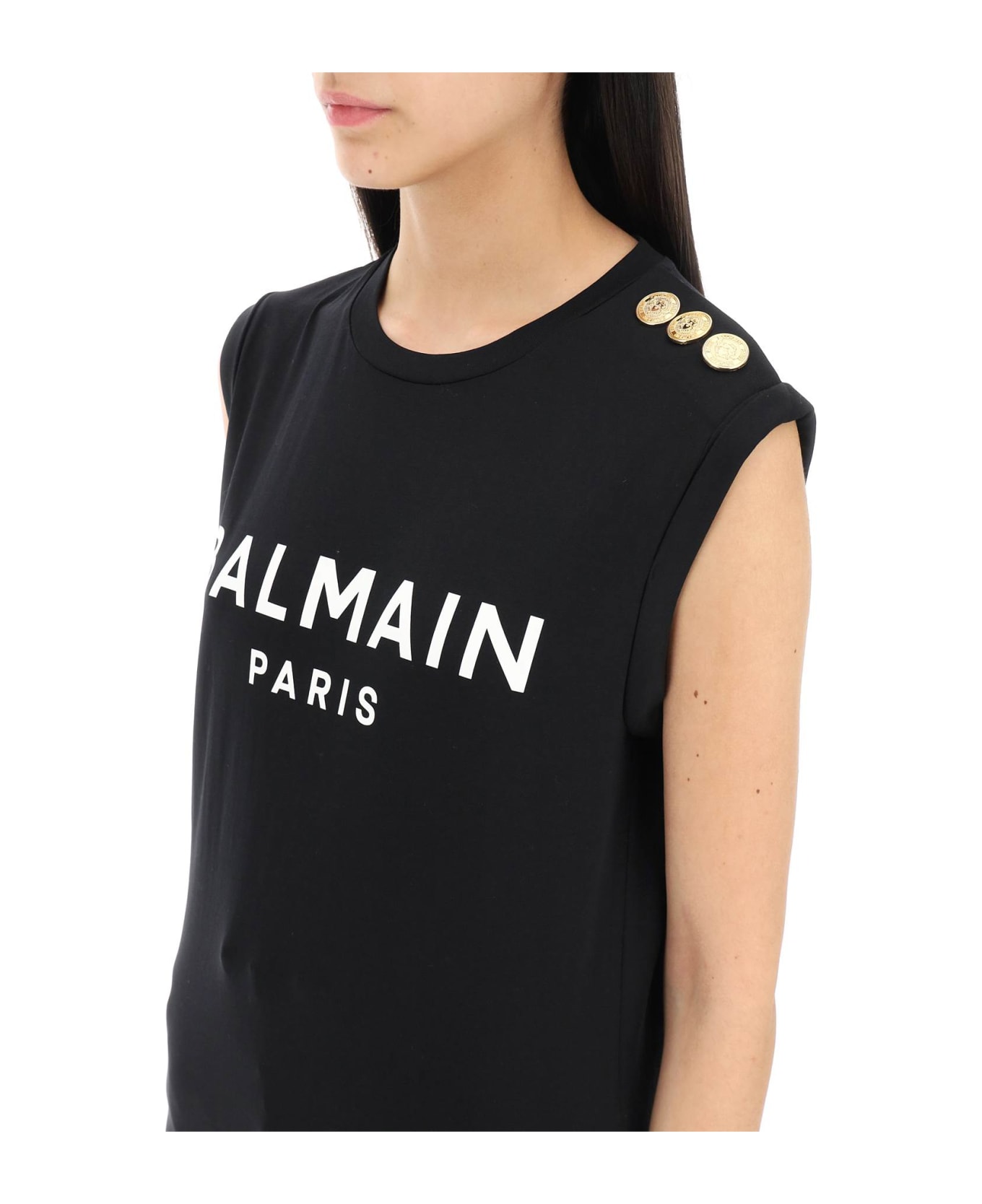 Balmain Logo Top With Buttons - black Tシャツ